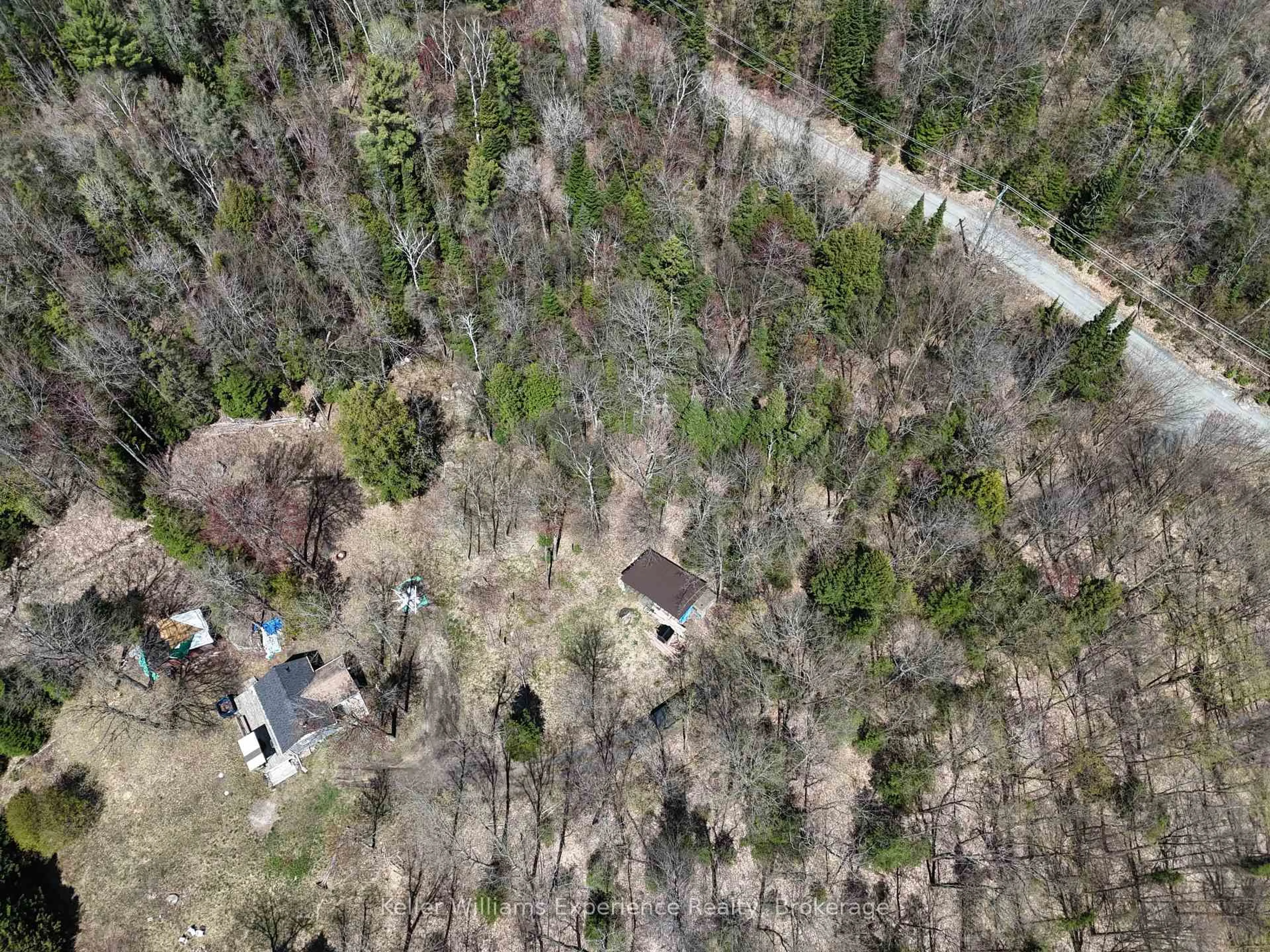 A pic from outside/outdoor area/front of a property/back of a property/a pic from drone, forest/trees view for 102 Old School House Rd, Huntsville Ontario P1H 2J4