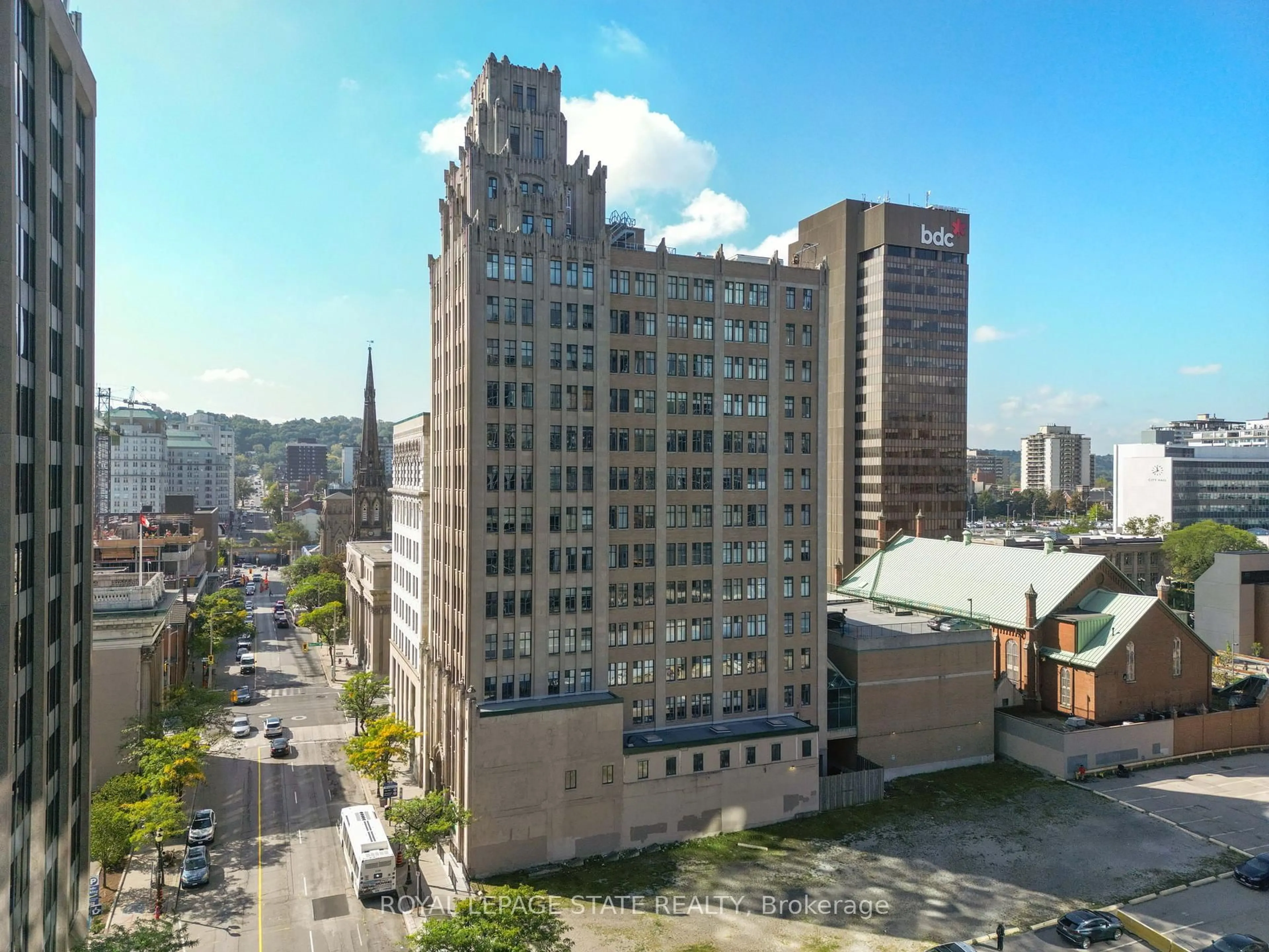A pic from outside/outdoor area/front of a property/back of a property/a pic from drone, city buildings view from balcony for 36 James St #1205, Hamilton Ontario L8P 4W4
