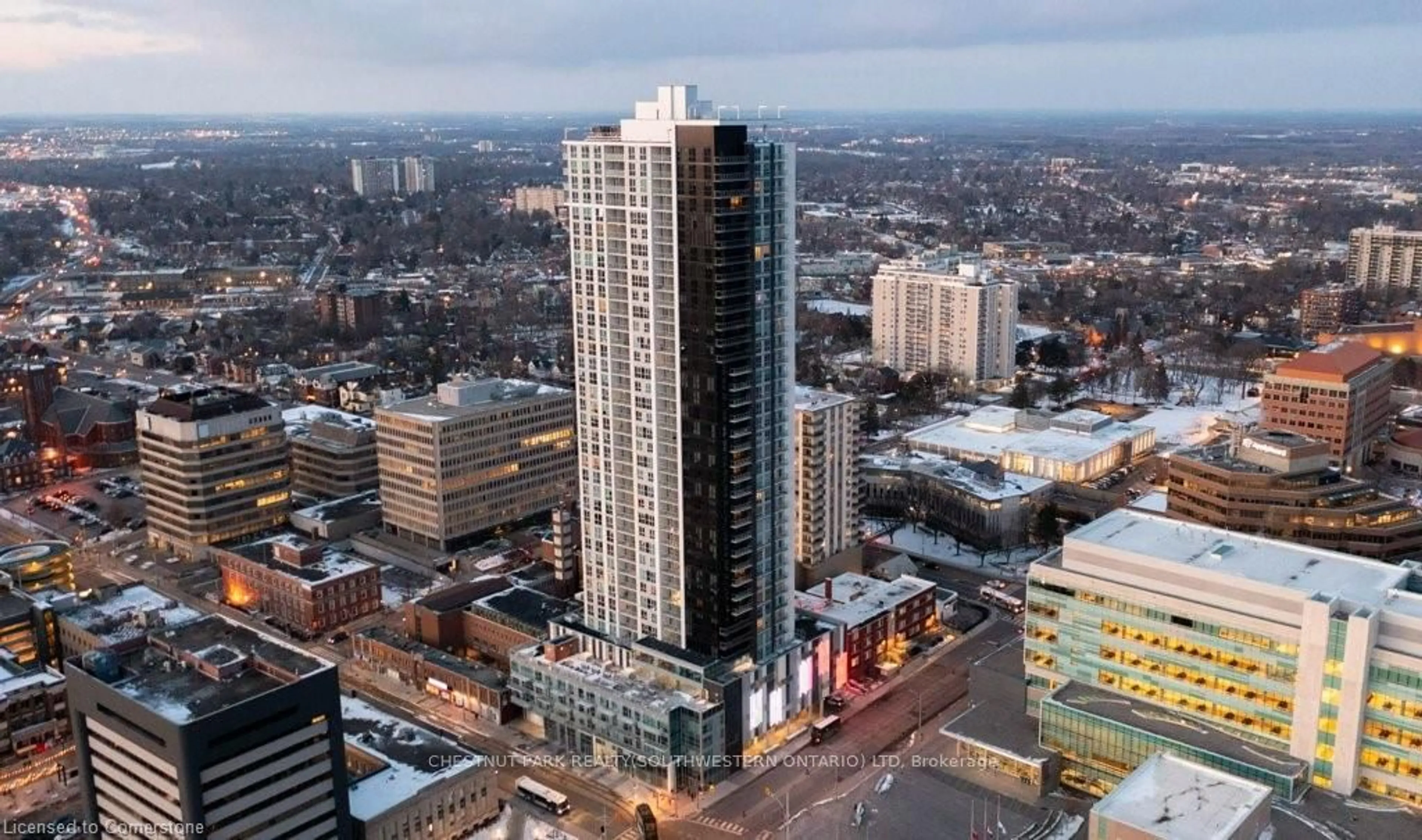A pic from outside/outdoor area/front of a property/back of a property/a pic from drone, city buildings view from balcony for 60 Frederick St #1806, Kitchener Ontario N2H 0C7