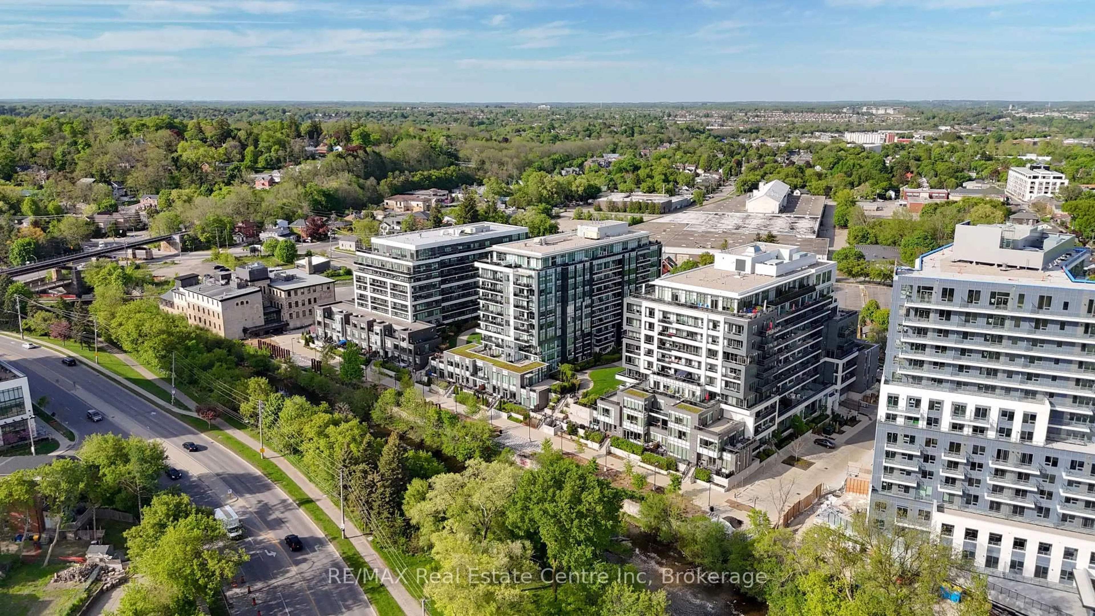 A pic from outside/outdoor area/front of a property/back of a property/a pic from drone, city buildings view from balcony for 63 Arthur St #201, Guelph Ontario N1H 4C1