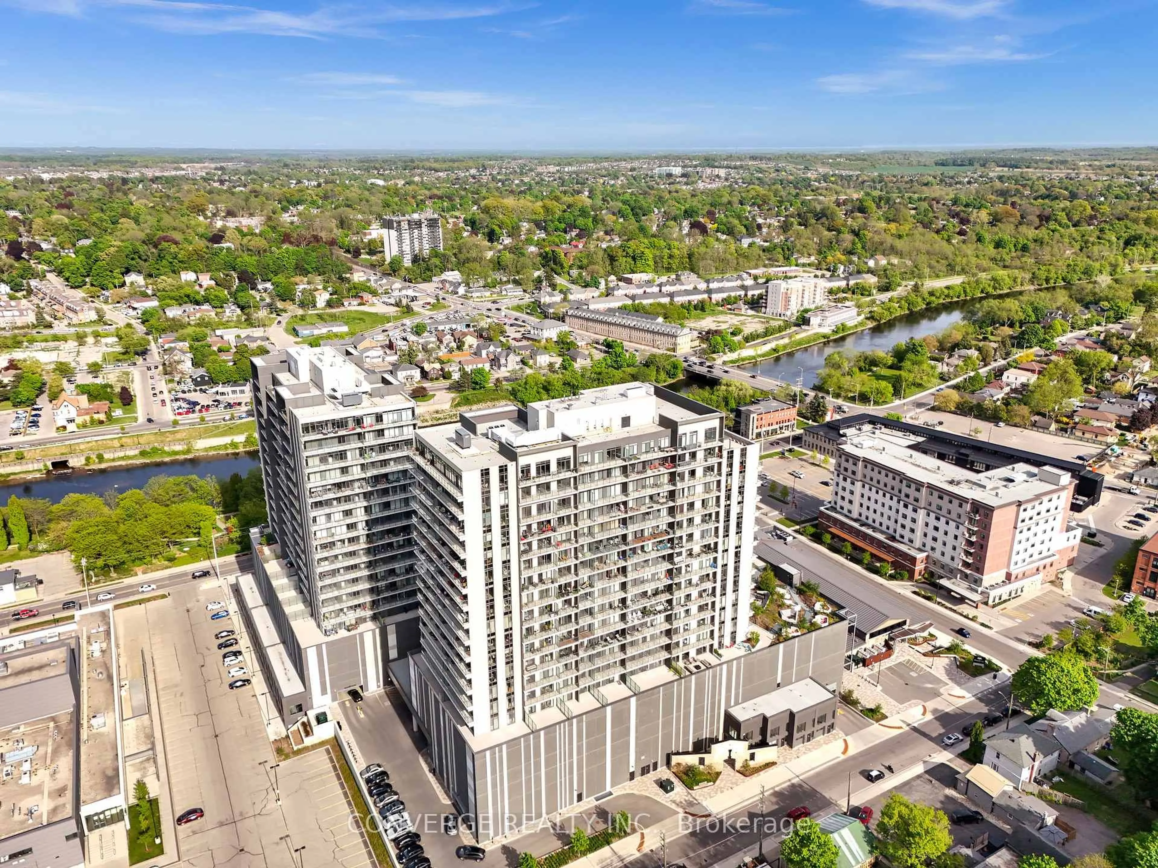A pic from outside/outdoor area/front of a property/back of a property/a pic from drone, city buildings view from balcony for 15 Glebe St #1903, Cambridge Ontario N1S 0C3