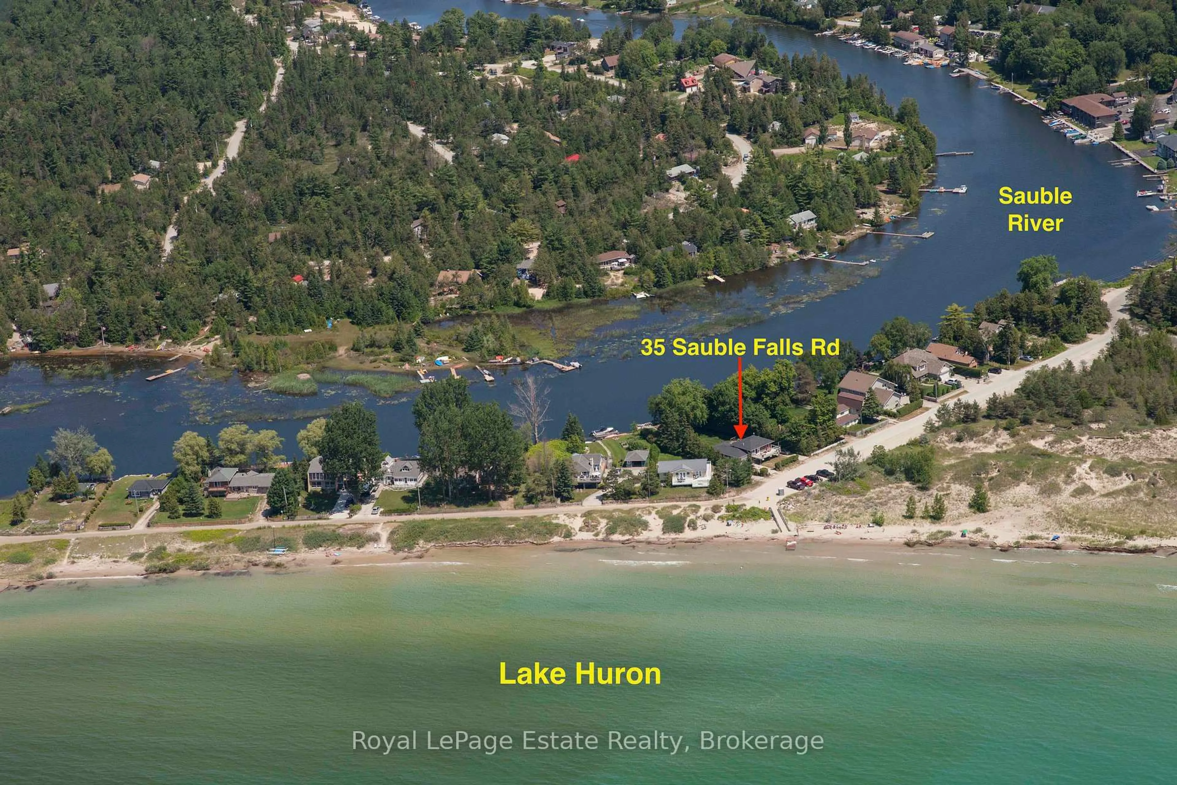A pic from outside/outdoor area/front of a property/back of a property/a pic from drone, water/lake/river/ocean view for 35 Sauble Falls Rd, South Bruce Peninsula Ontario N0H 2G0