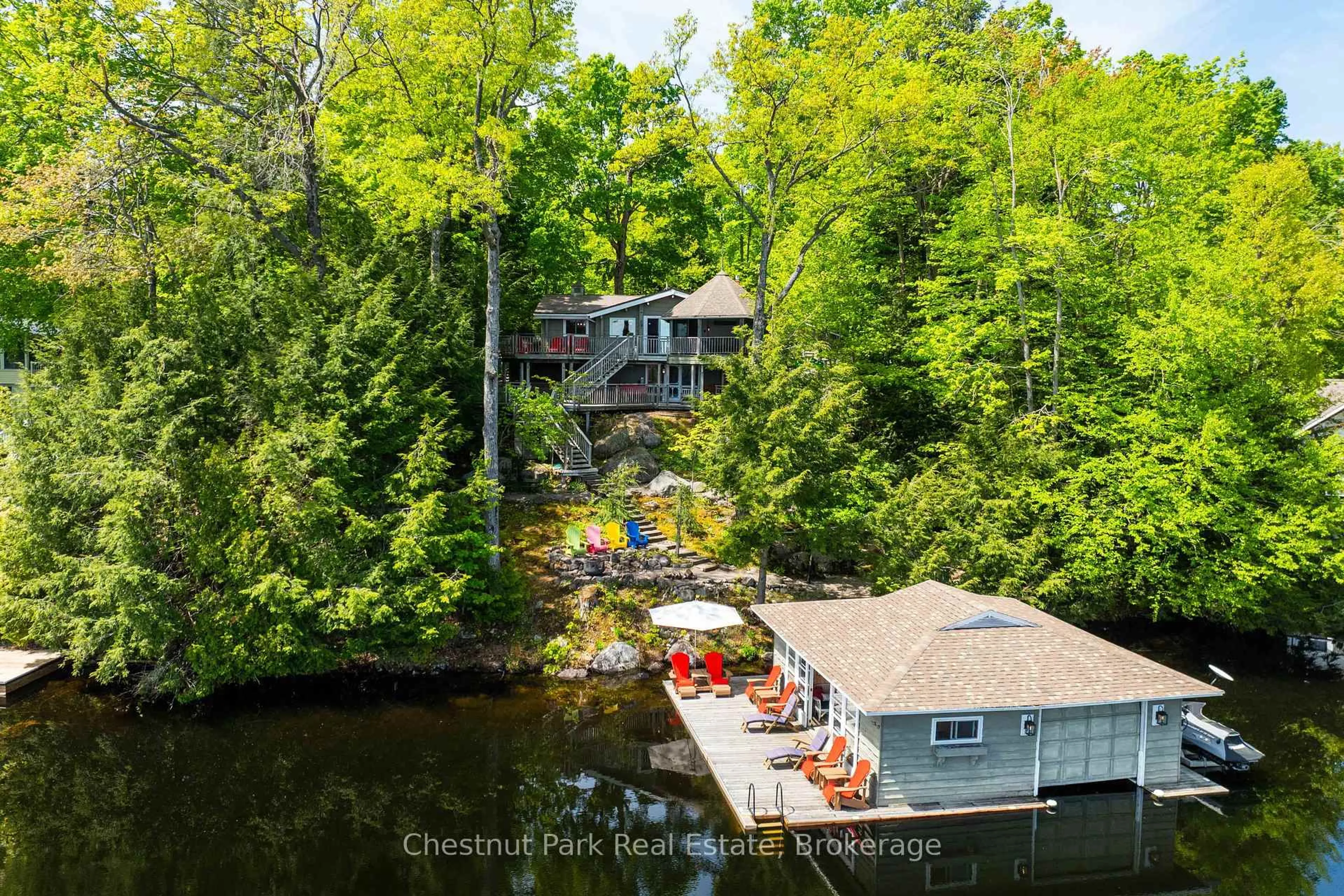 A pic from outside/outdoor area/front of a property/back of a property/a pic from drone, water/lake/river/ocean view for 1246 Dudley Rd #3, Muskoka Lakes Ontario P0C 1A0