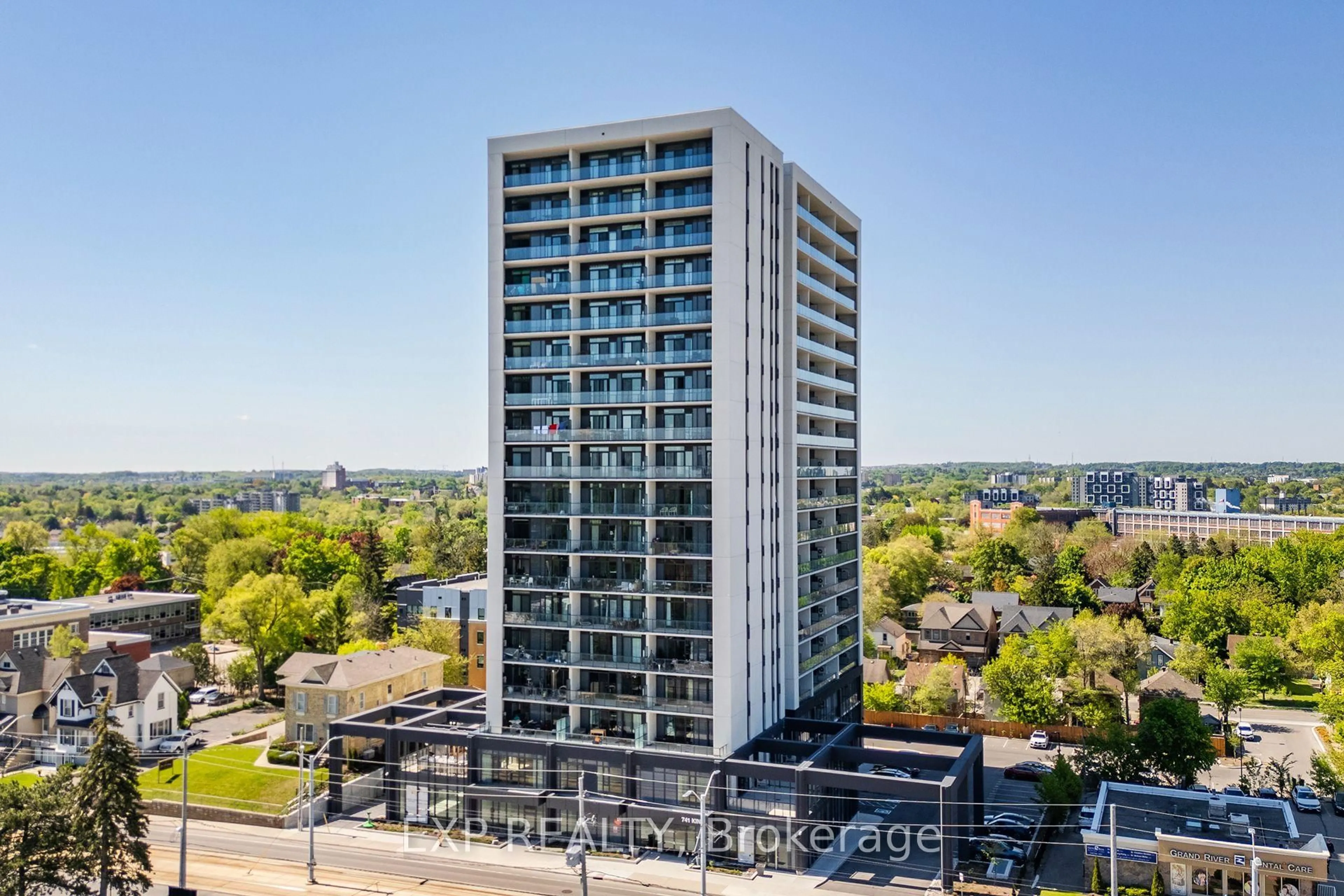 A pic from outside/outdoor area/front of a property/back of a property/a pic from drone, city buildings view from balcony for 741 King St #408, Kitchener Ontario N2G 0E9