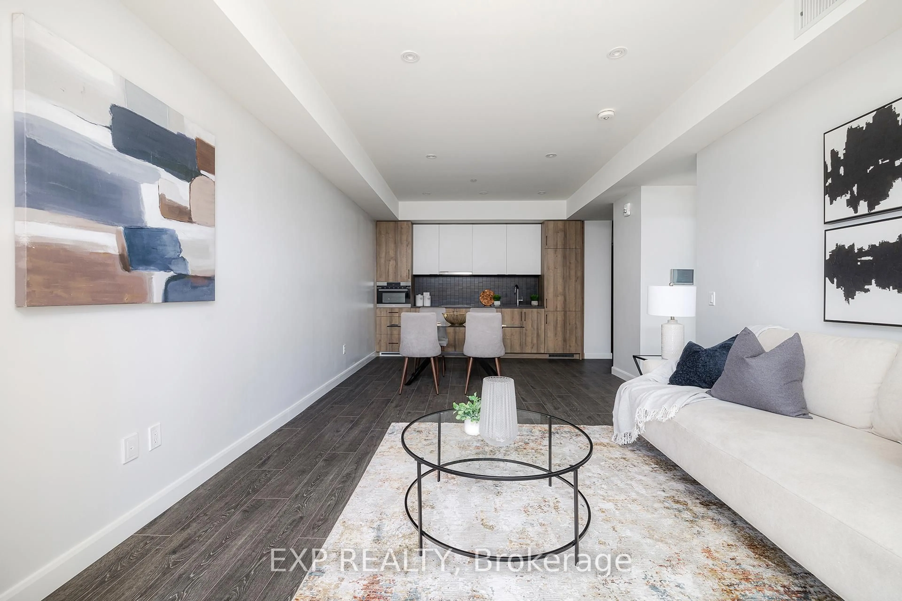 Living room with furniture, wood/laminate floor for 741 King St #408, Kitchener Ontario N2G 0E9