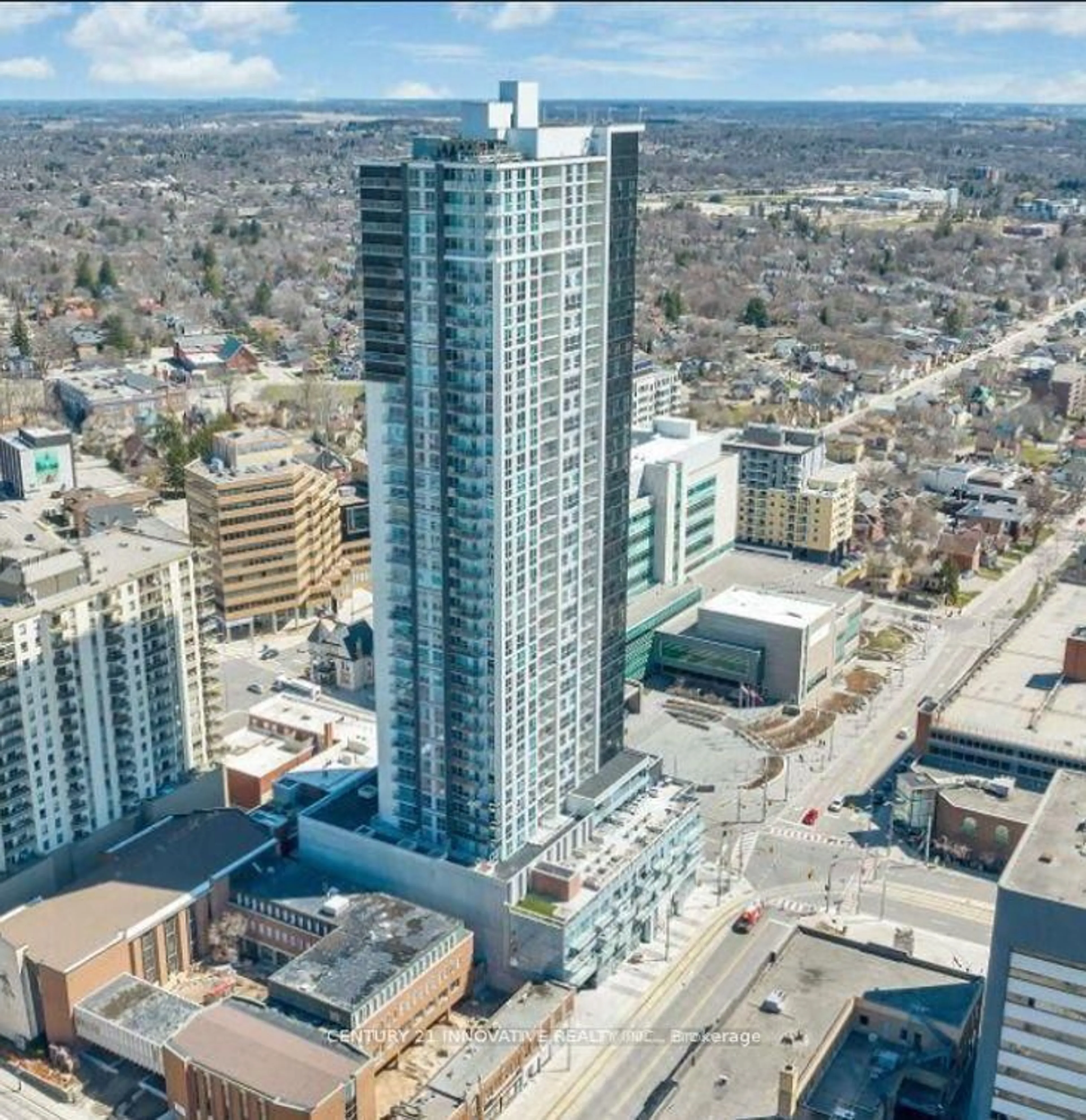A pic from outside/outdoor area/front of a property/back of a property/a pic from drone, city buildings view from balcony for 60 Frederick St #1007, Kitchener Ontario N2H 0C7