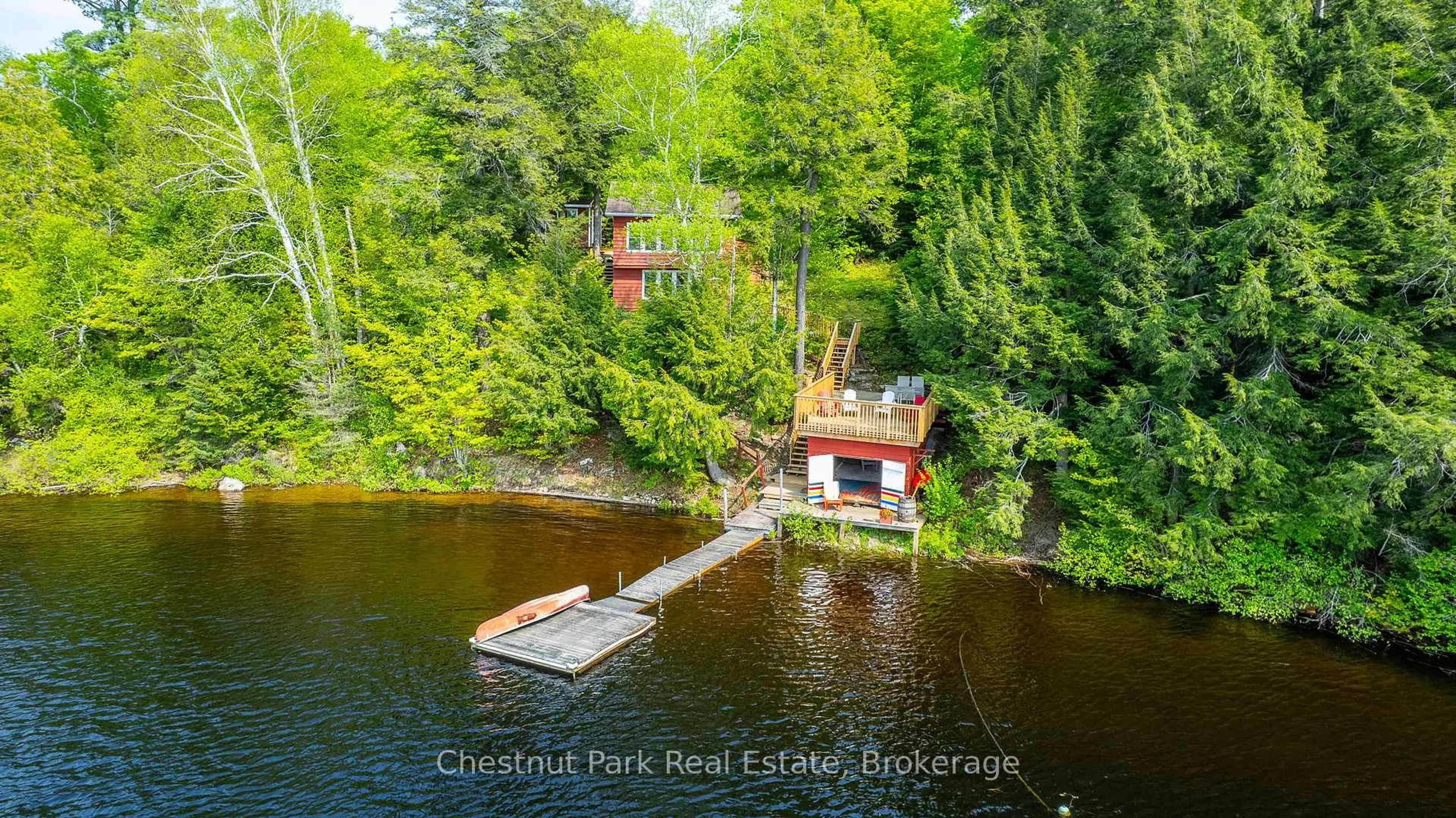 A pic from outside/outdoor area/front of a property/back of a property/a pic from drone, water/lake/river/ocean view for 1089 Thumb Creek Tr, Algonquin Highlands Ontario P0A 1H0