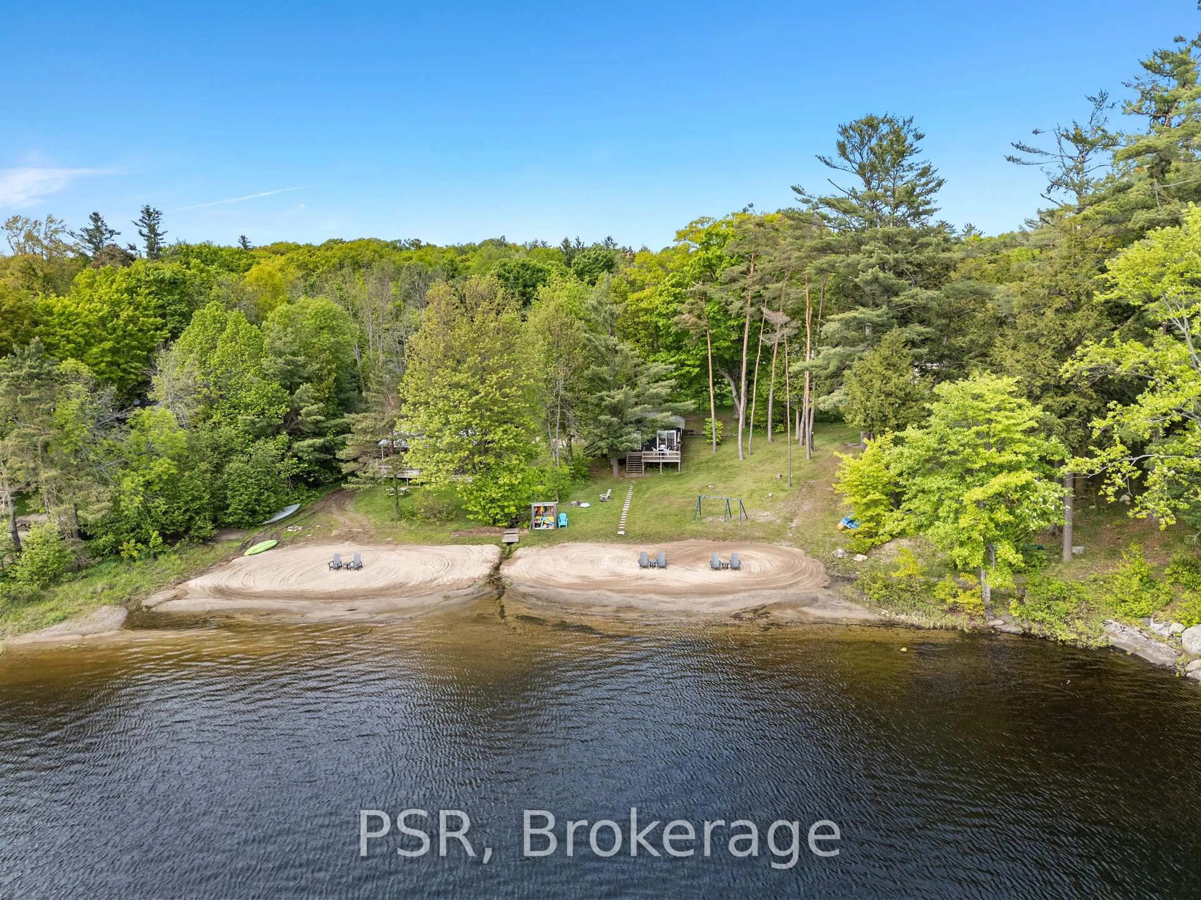 A pic from outside/outdoor area/front of a property/back of a property/a pic from drone, water/lake/river/ocean view for 1113 Moon River Rd, Muskoka Lakes Ontario P0C 1A0