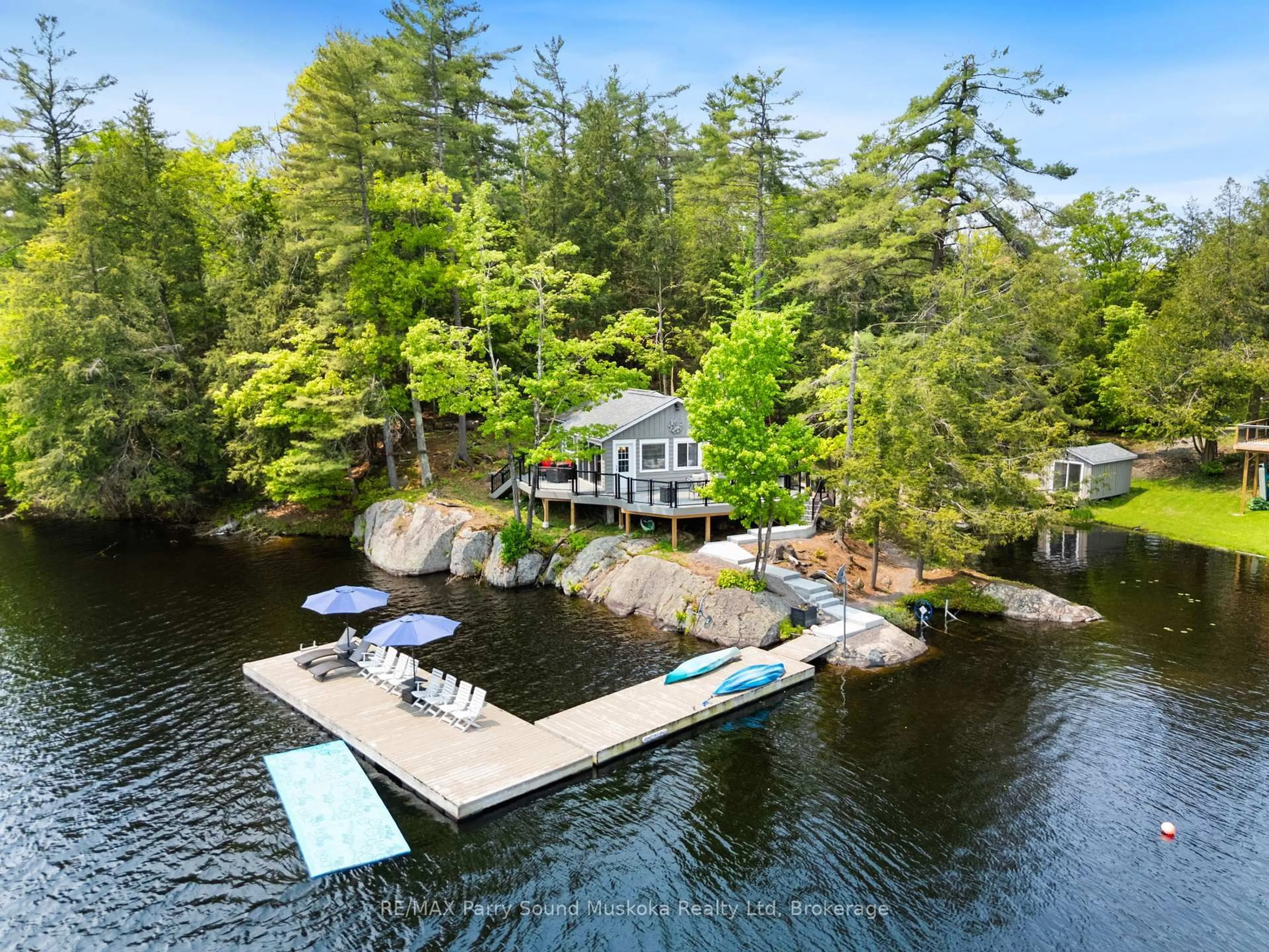 A pic from outside/outdoor area/front of a property/back of a property/a pic from drone, water/lake/river/ocean view for 16 Stewart-King Rd, The Archipelago Ontario P0C 1H0