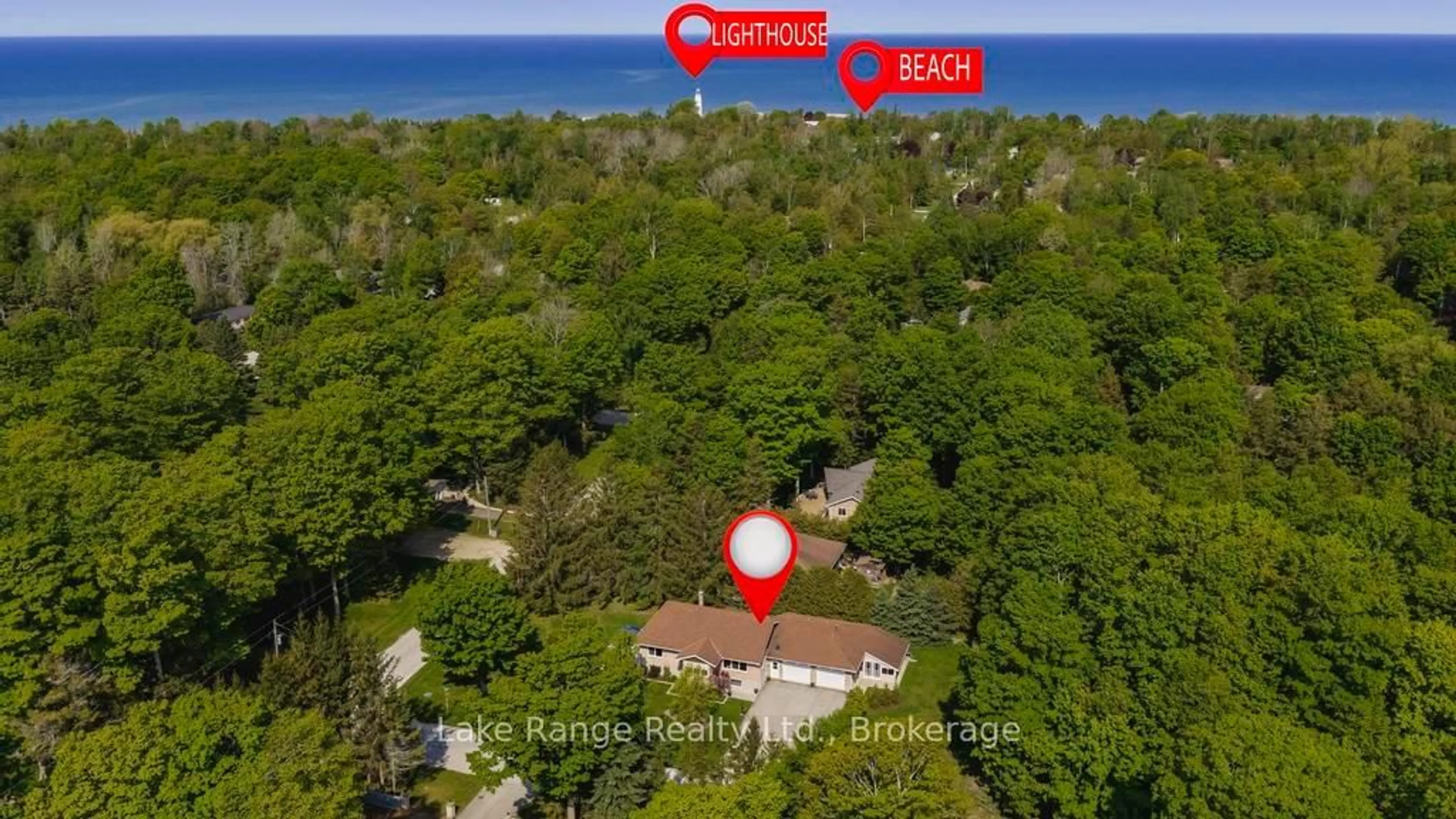 A pic from outside/outdoor area/front of a property/back of a property/a pic from drone, water/lake/river/ocean view for 201 Shadywood Cres, Huron-Kinloss Ontario N2Z 2X3