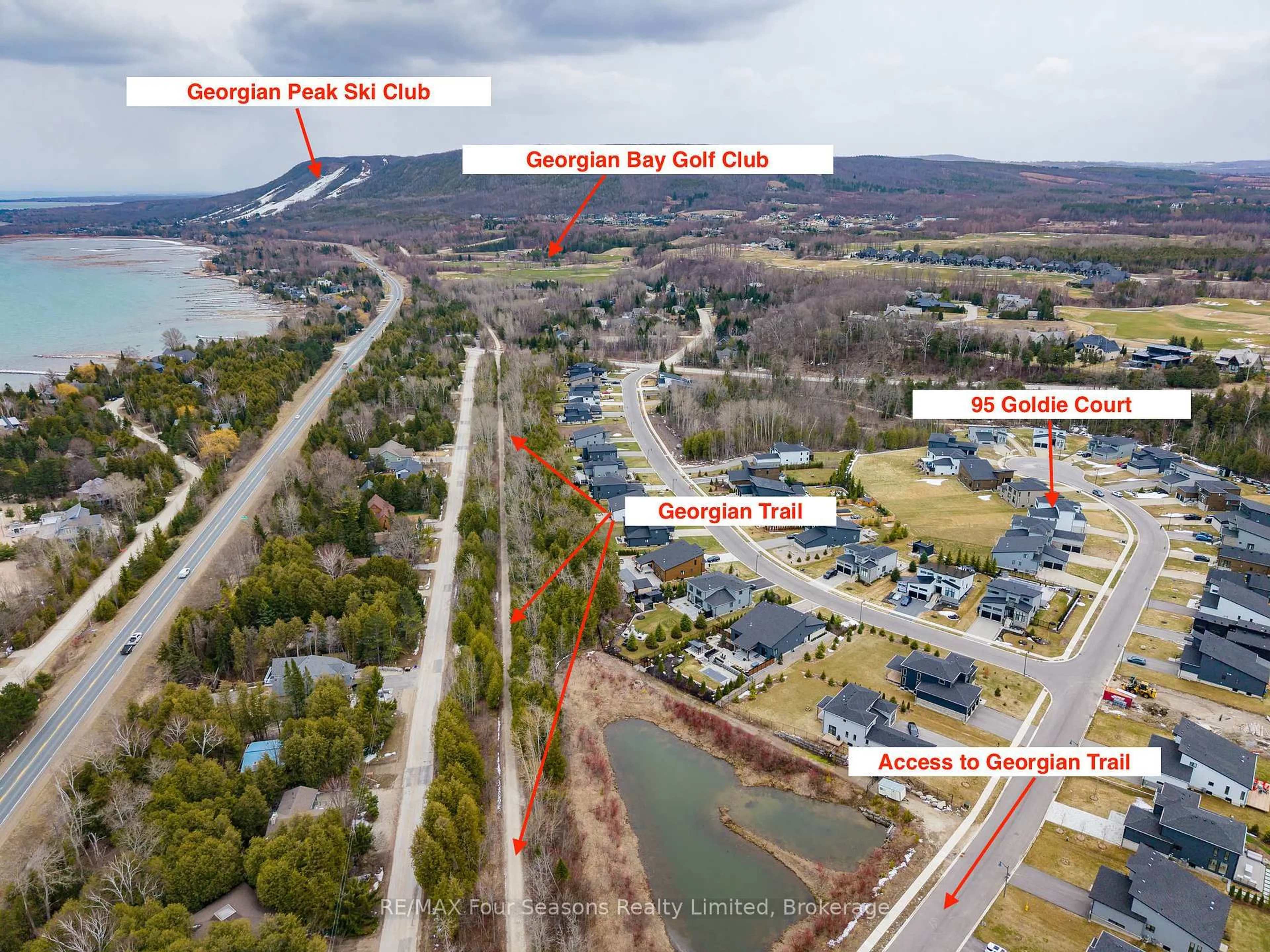 A pic from outside/outdoor area/front of a property/back of a property/a pic from drone, water/lake/river/ocean view for 95 Goldie Crt, Blue Mountains Ontario N0H 1J0