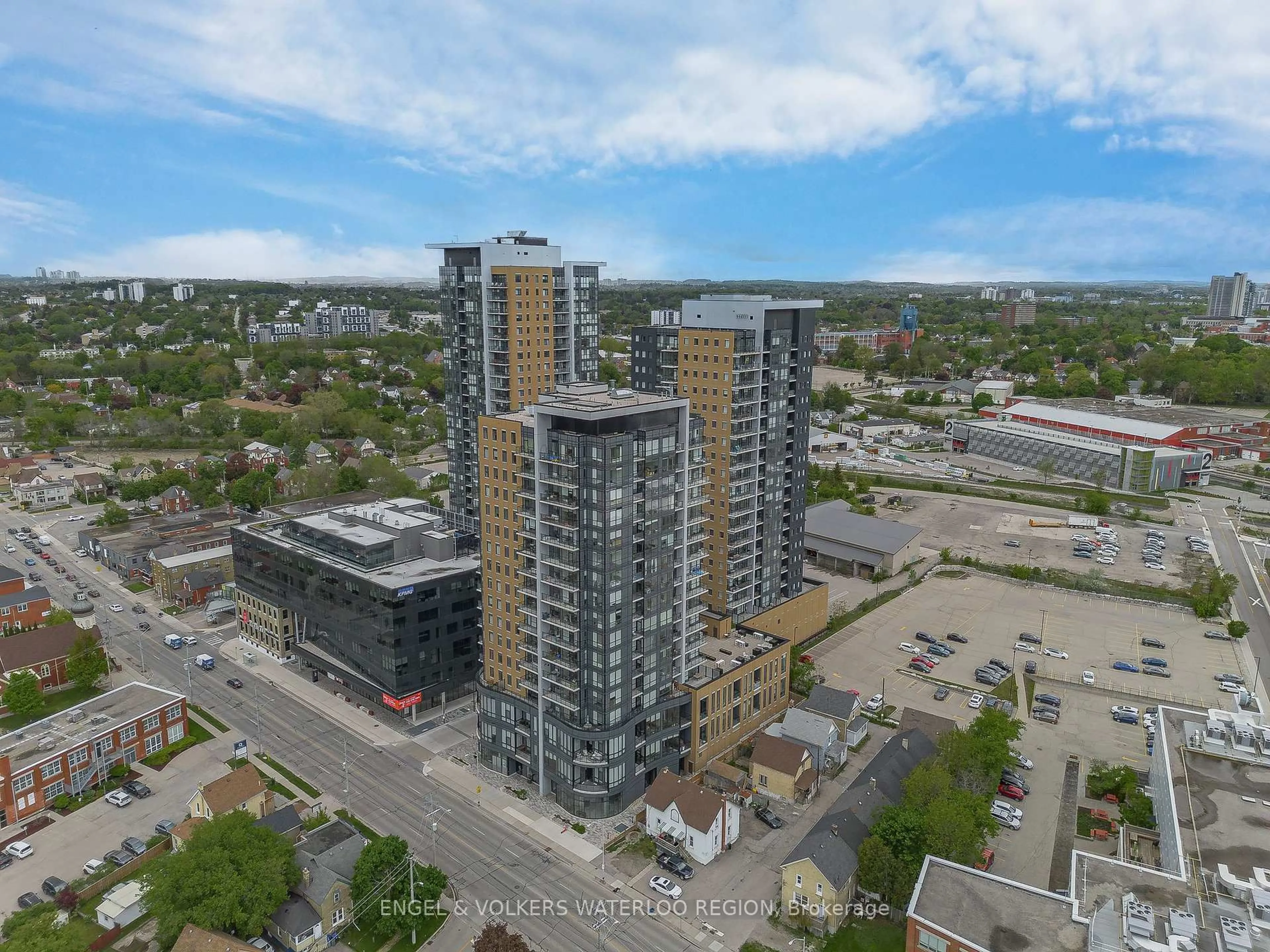 A pic from outside/outdoor area/front of a property/back of a property/a pic from drone, city buildings view from balcony for 100 Garment St #7, Kitchener Ontario N2G 0C3