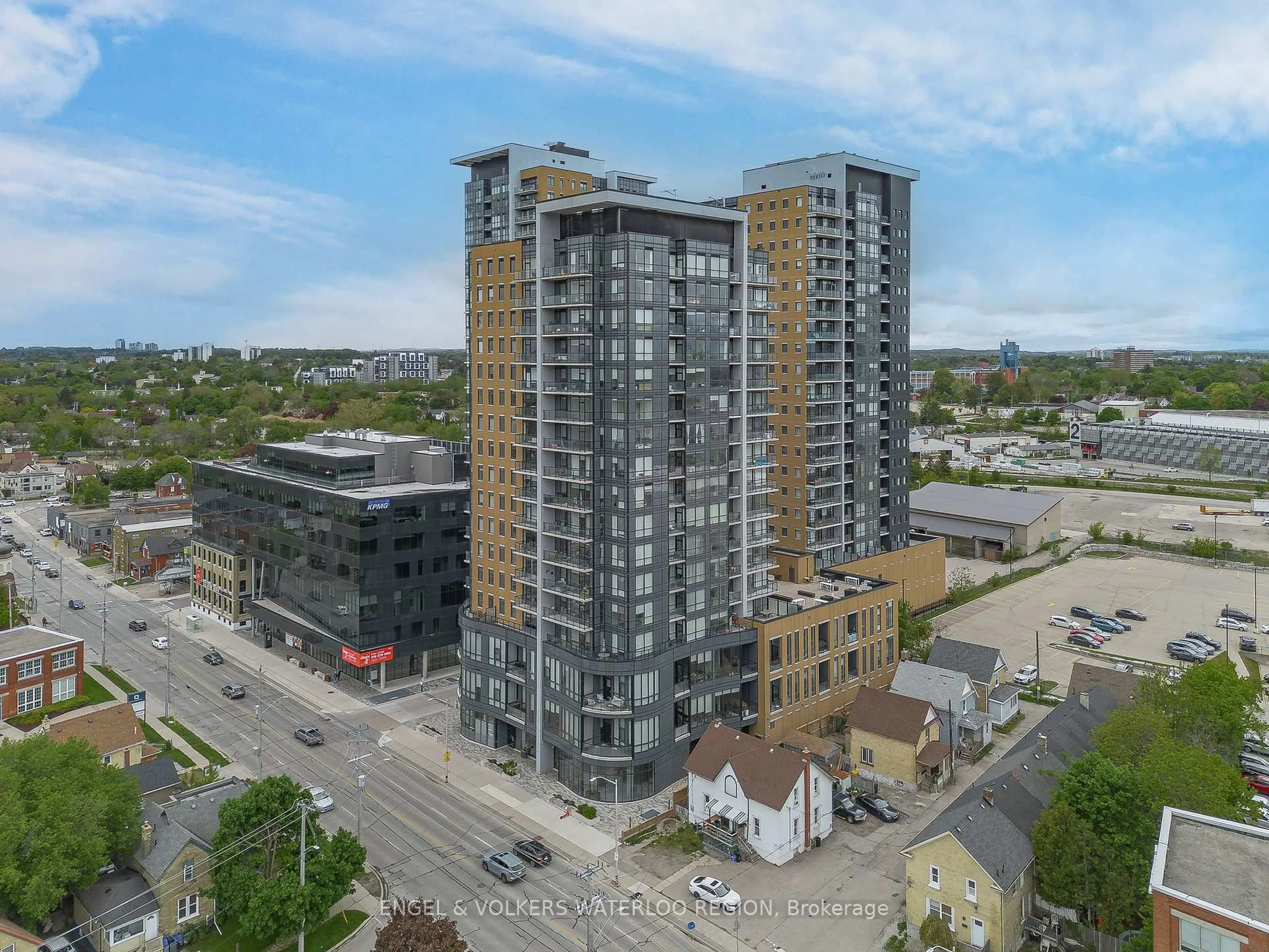 A pic from outside/outdoor area/front of a property/back of a property/a pic from drone, city buildings view from balcony for 100 Garment St #7, Kitchener Ontario N2G 0C3