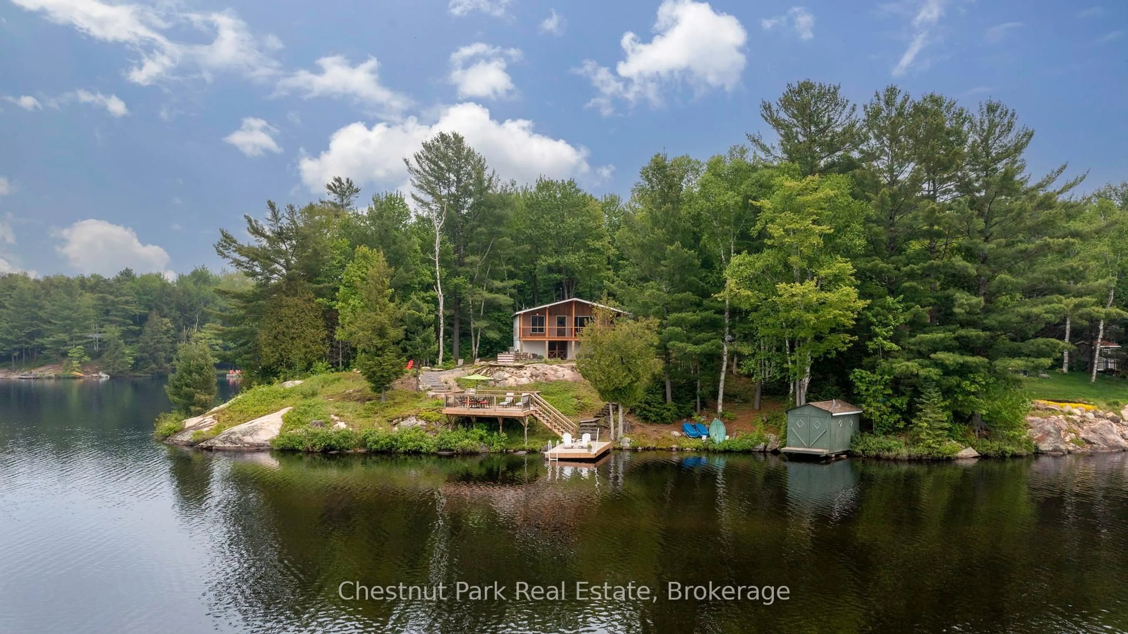 A pic from outside/outdoor area/front of a property/back of a property/a pic from drone, water/lake/river/ocean view for 4 Mallard Lane, Lake of Bays Ontario P0B 1A0