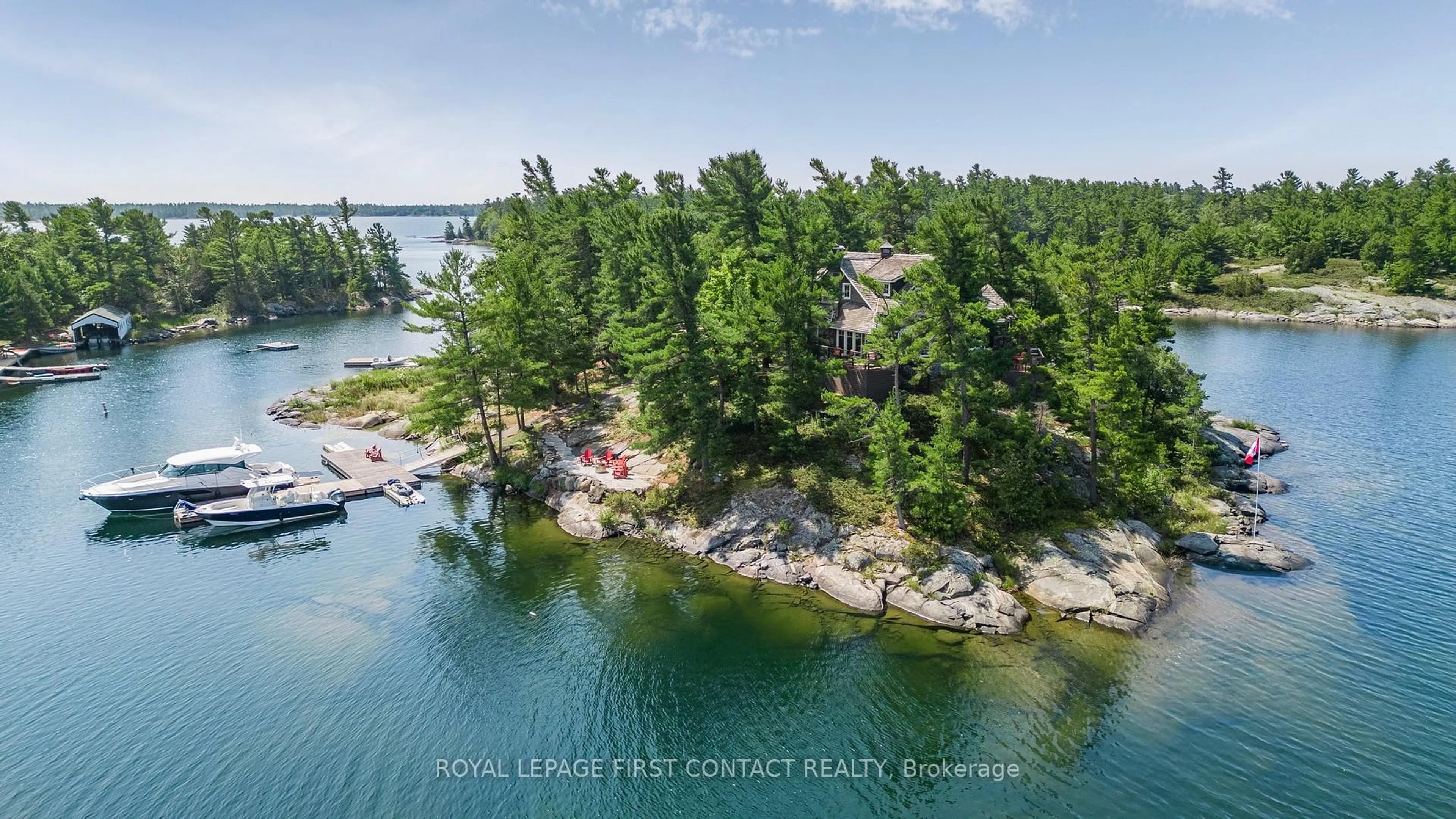 A pic from outside/outdoor area/front of a property/back of a property/a pic from drone, water/lake/river/ocean view for B-209 Lumsden Island, The Archipelago Ontario P2A 2N9