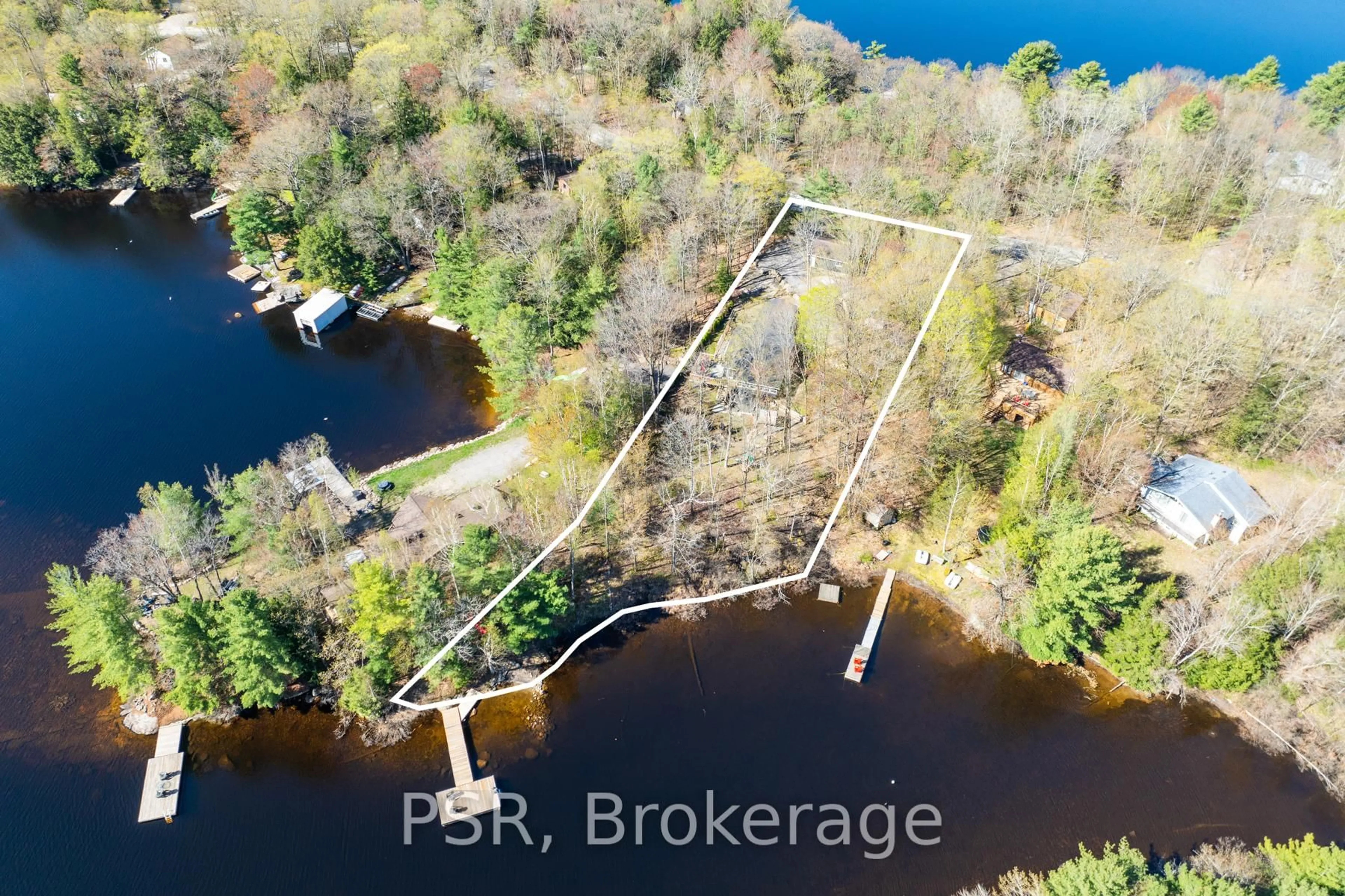 A pic from outside/outdoor area/front of a property/back of a property/a pic from drone, water/lake/river/ocean view for 281 Stewart Lake Rd, Georgian Bay Ontario P0C 1H0