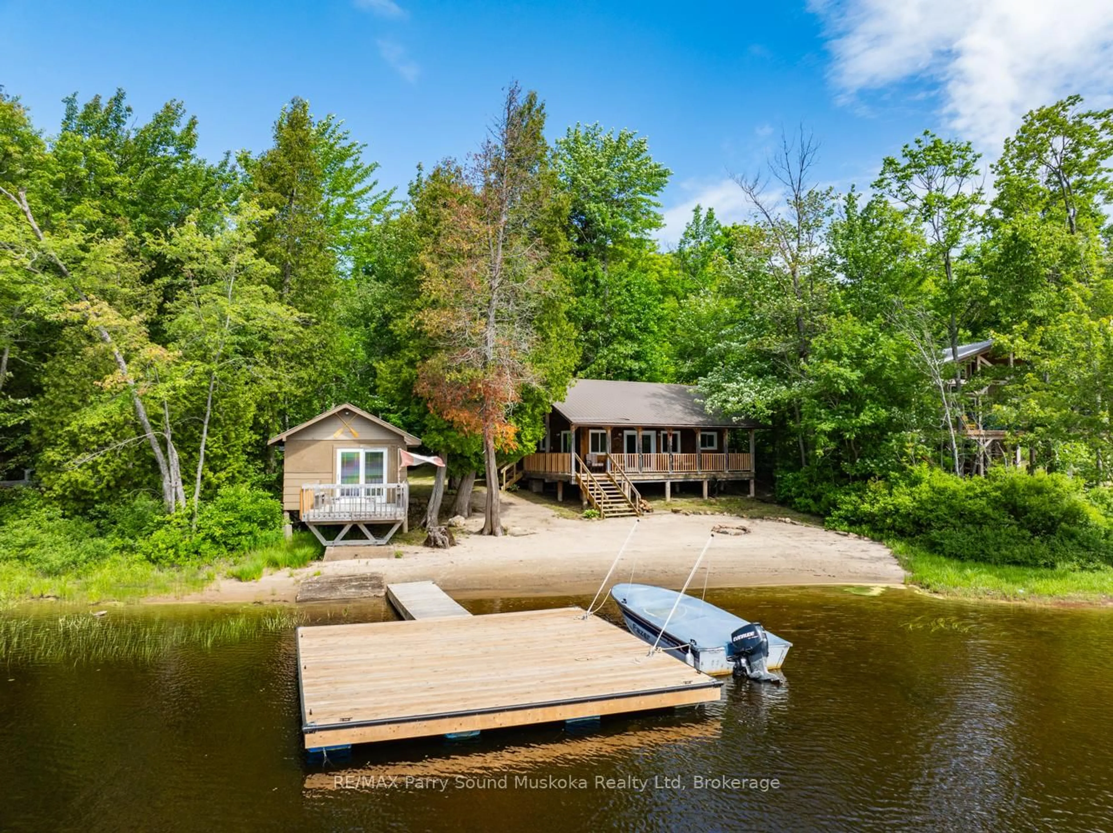 A pic from outside/outdoor area/front of a property/back of a property/a pic from drone, water/lake/river/ocean view for 3 Macey Dr, Whitestone Ontario P0A 1G0