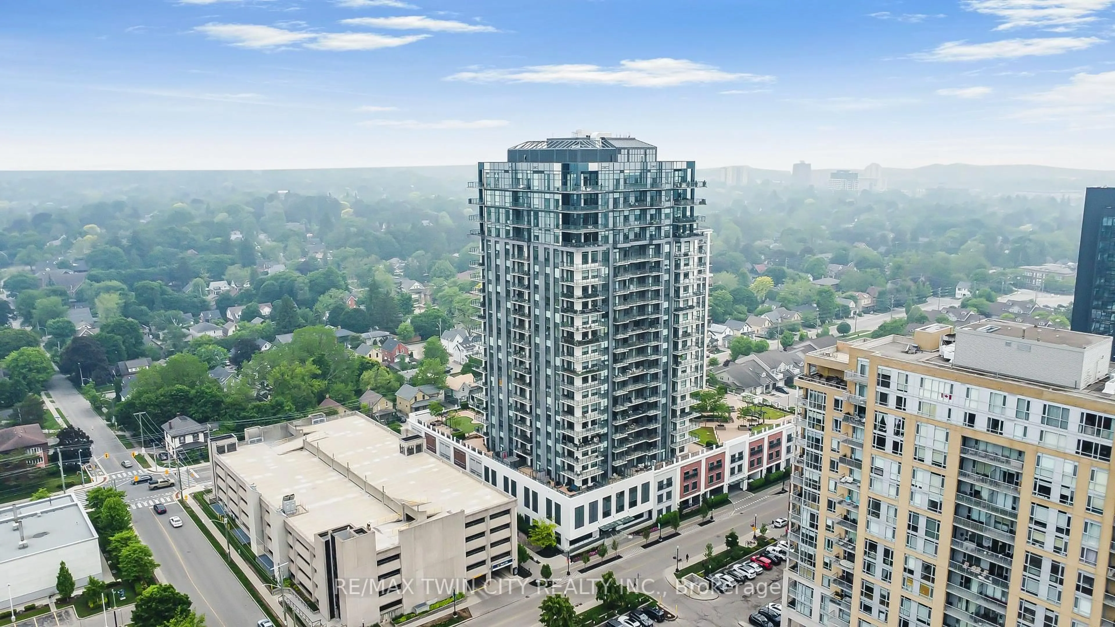 A pic from outside/outdoor area/front of a property/back of a property/a pic from drone, city buildings view from balcony for 155 CAROLINE St #1901, Waterloo Ontario N2L 0J8