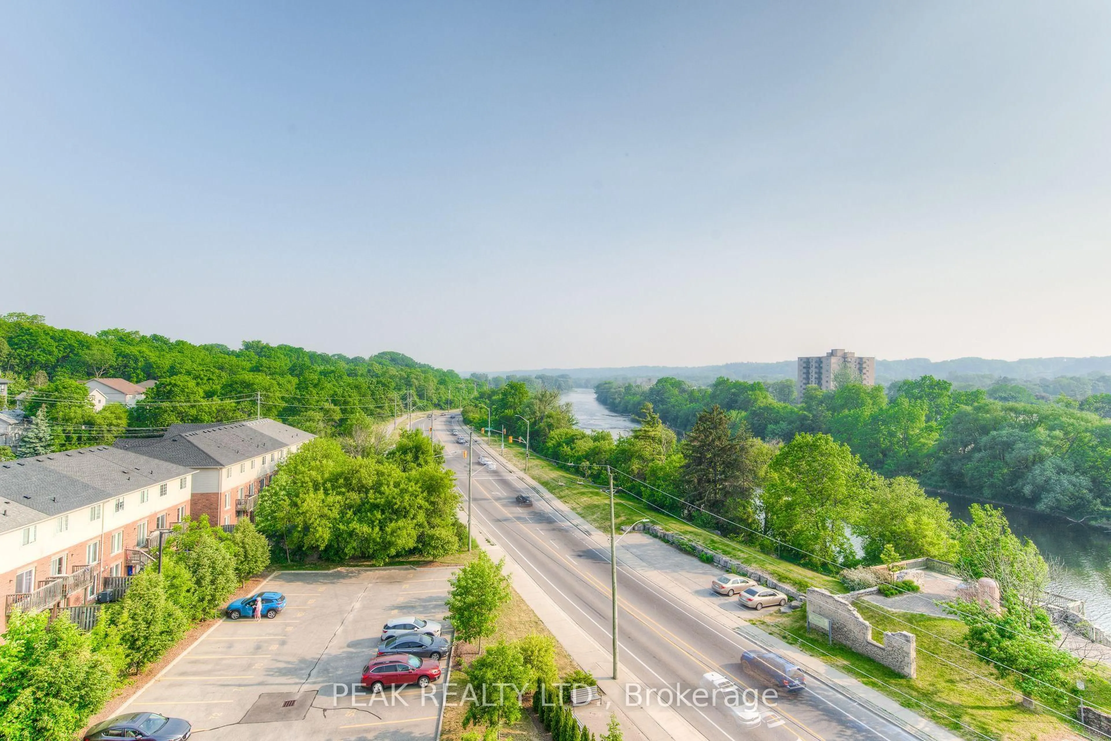 A pic from outside/outdoor area/front of a property/back of a property/a pic from drone, city buildings view from balcony for 155 Water St #407, Cambridge Ontario N1R 3E3