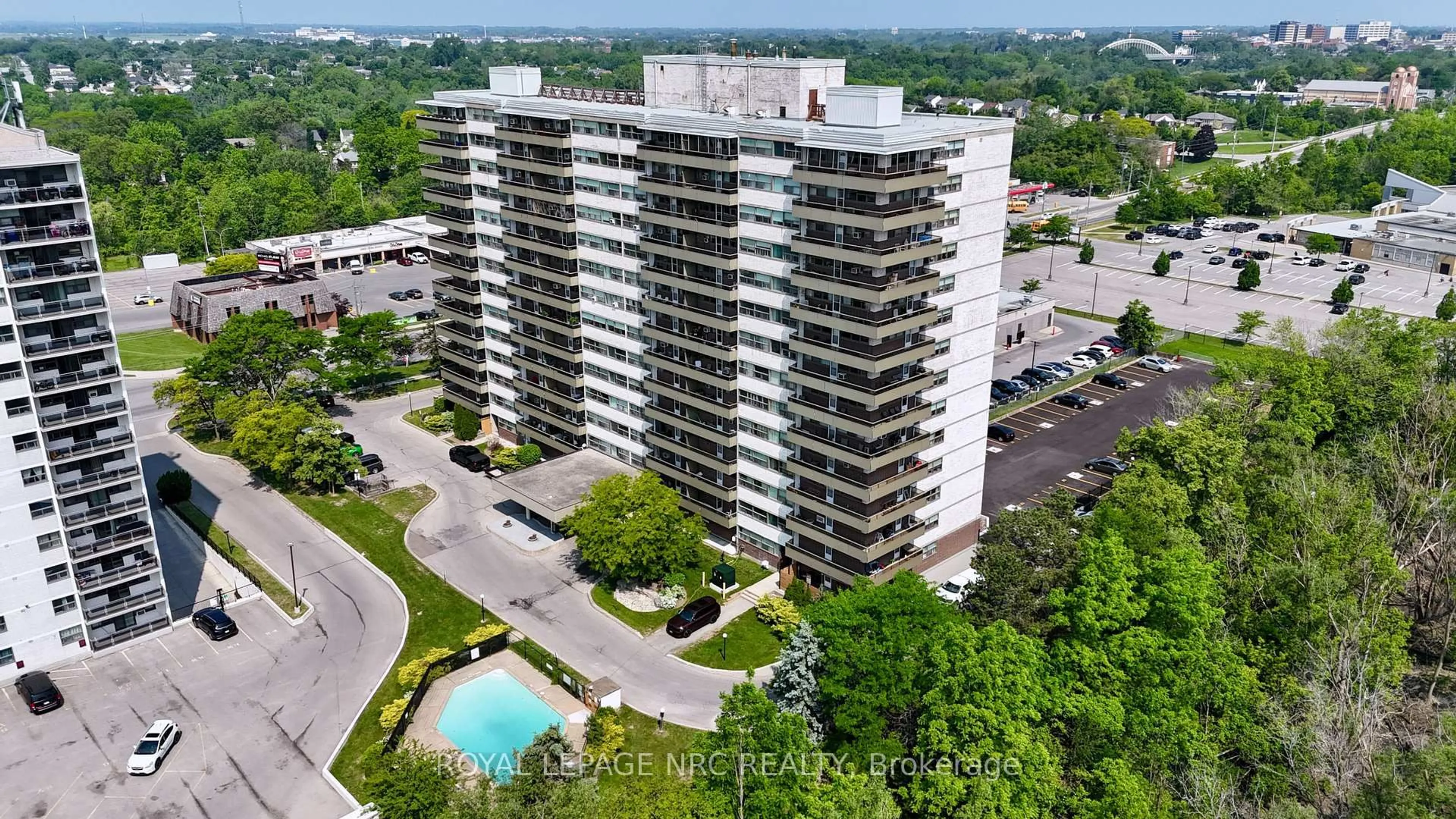 A pic from outside/outdoor area/front of a property/back of a property/a pic from drone, city buildings view from balcony for 215 Glenridge Ave #810, St. Catharines Ontario L2T 3J7