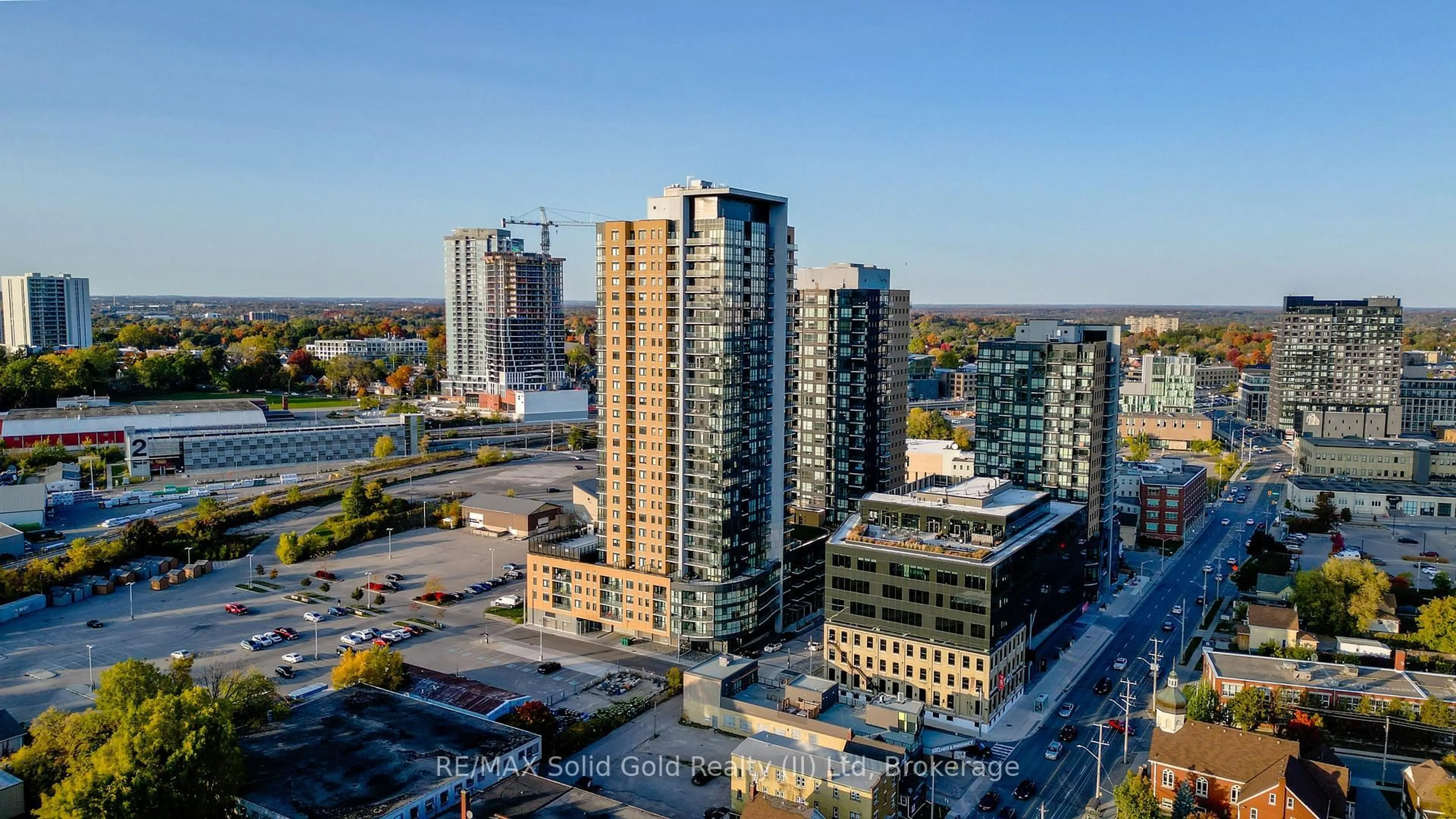 A pic from outside/outdoor area/front of a property/back of a property/a pic from drone, city buildings view from balcony for 108 Garment St #1504, Kitchener Ontario N2E 0G2