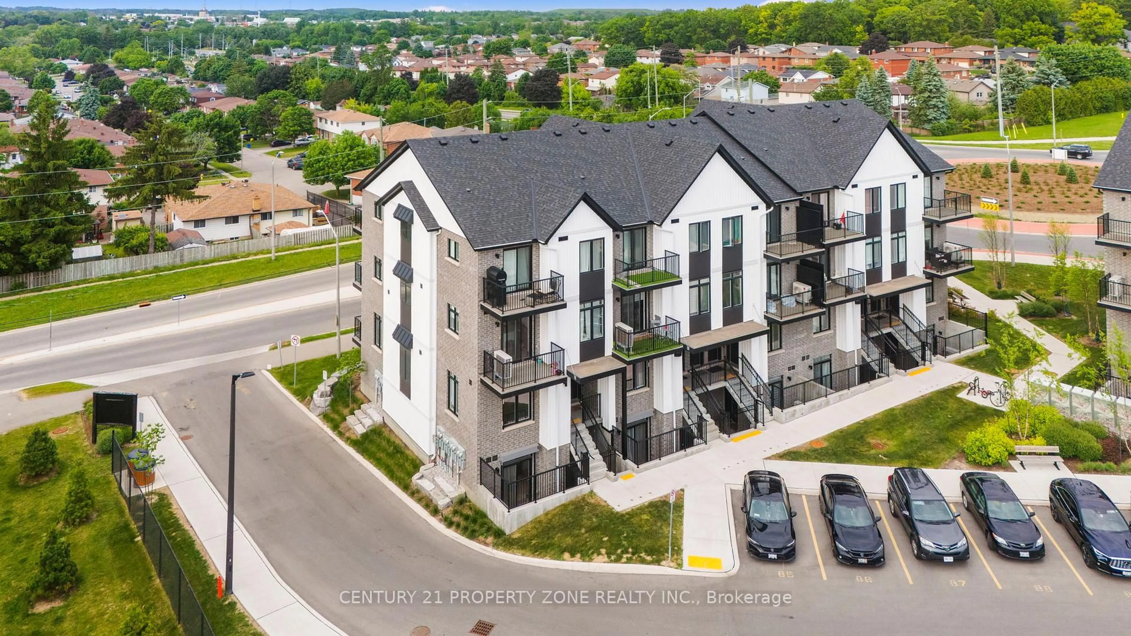 A pic from outside/outdoor area/front of a property/back of a property/a pic from drone, city buildings view from balcony for 405 Myers Rd #2, Cambridge Ontario N1P 0B6