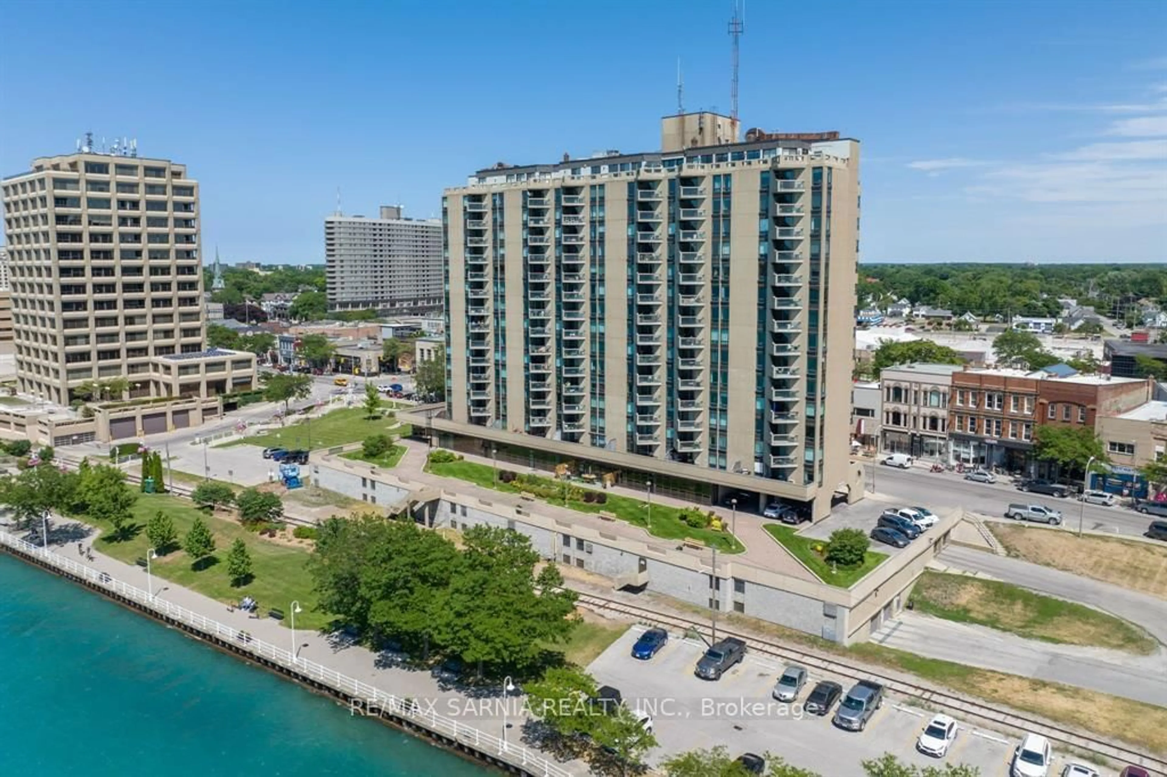A pic from outside/outdoor area/front of a property/back of a property/a pic from drone, water/lake/river/ocean view for 155 FRONT St #1103, Sarnia Ontario N7T 7V5