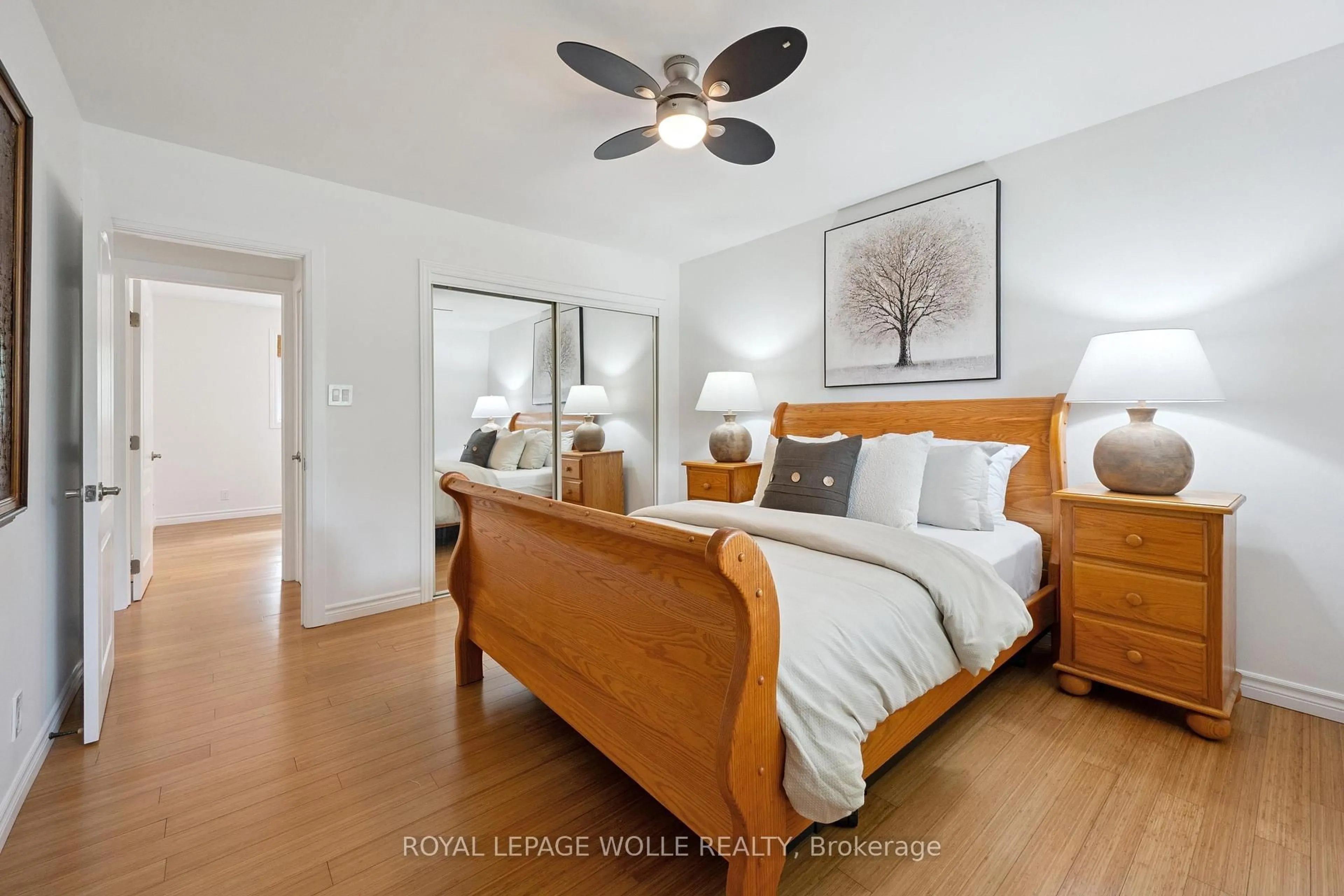 Bedroom with bed, wood/laminate floor for 3850 Beaverdale Rd, Cambridge Ontario N3H 4R6