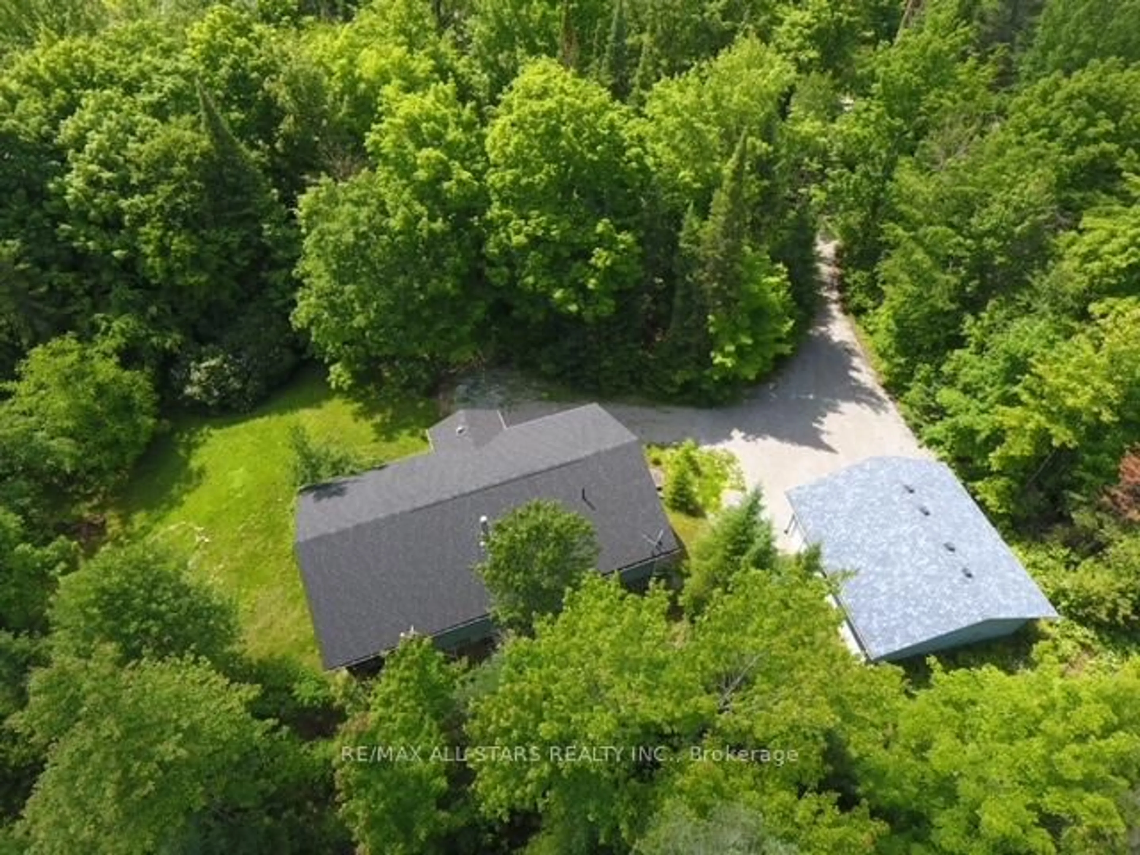 A pic from outside/outdoor area/front of a property/back of a property/a pic from drone, forest/trees view for 33 Edwina Dr, Trent Lakes Ontario K0M 1A0