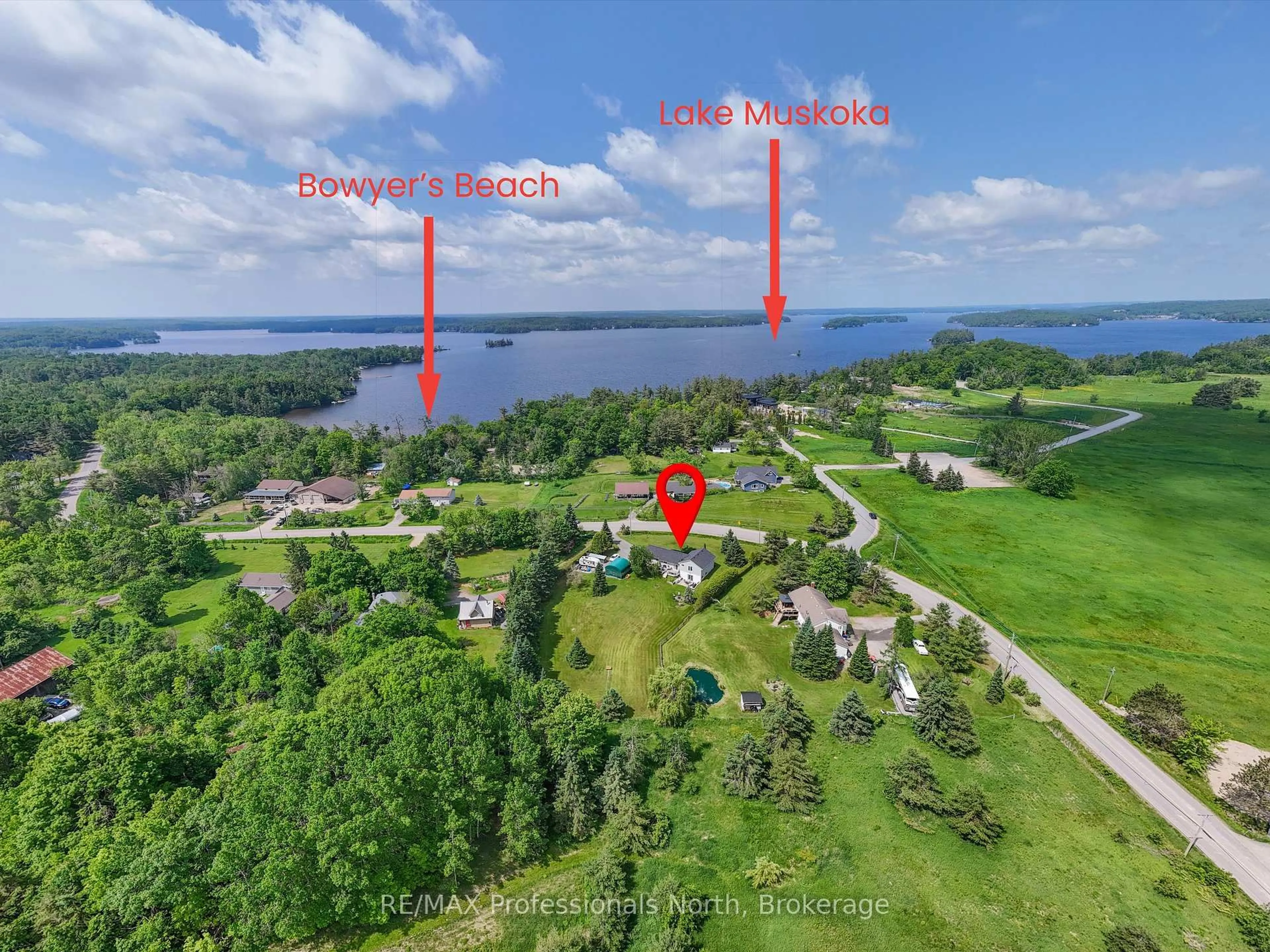 A pic from outside/outdoor area/front of a property/back of a property/a pic from drone, water/lake/river/ocean view for 1287 Golden Beach Rd, Bracebridge Ontario P1L 1C5