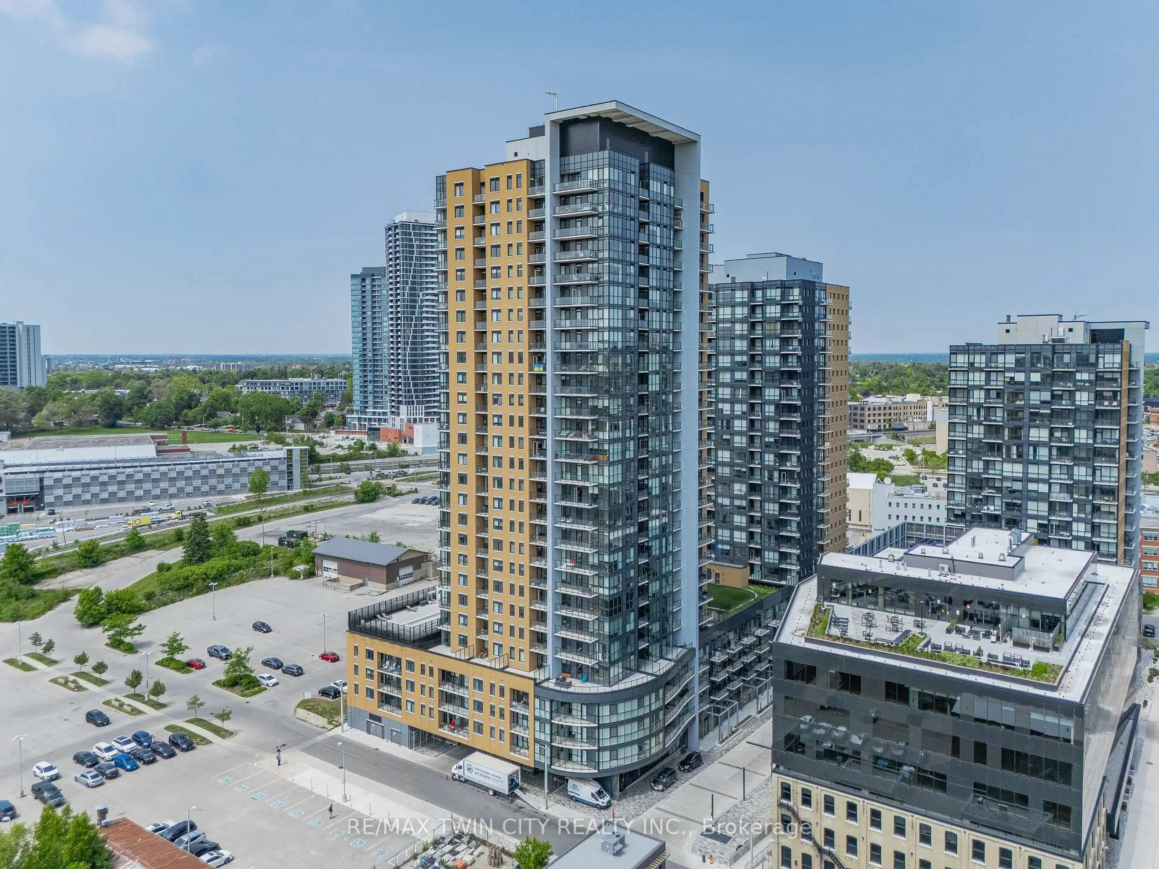 A pic from outside/outdoor area/front of a property/back of a property/a pic from drone, city buildings view from balcony for 108 Garment St #2305, Kitchener Ontario N2G 2B3