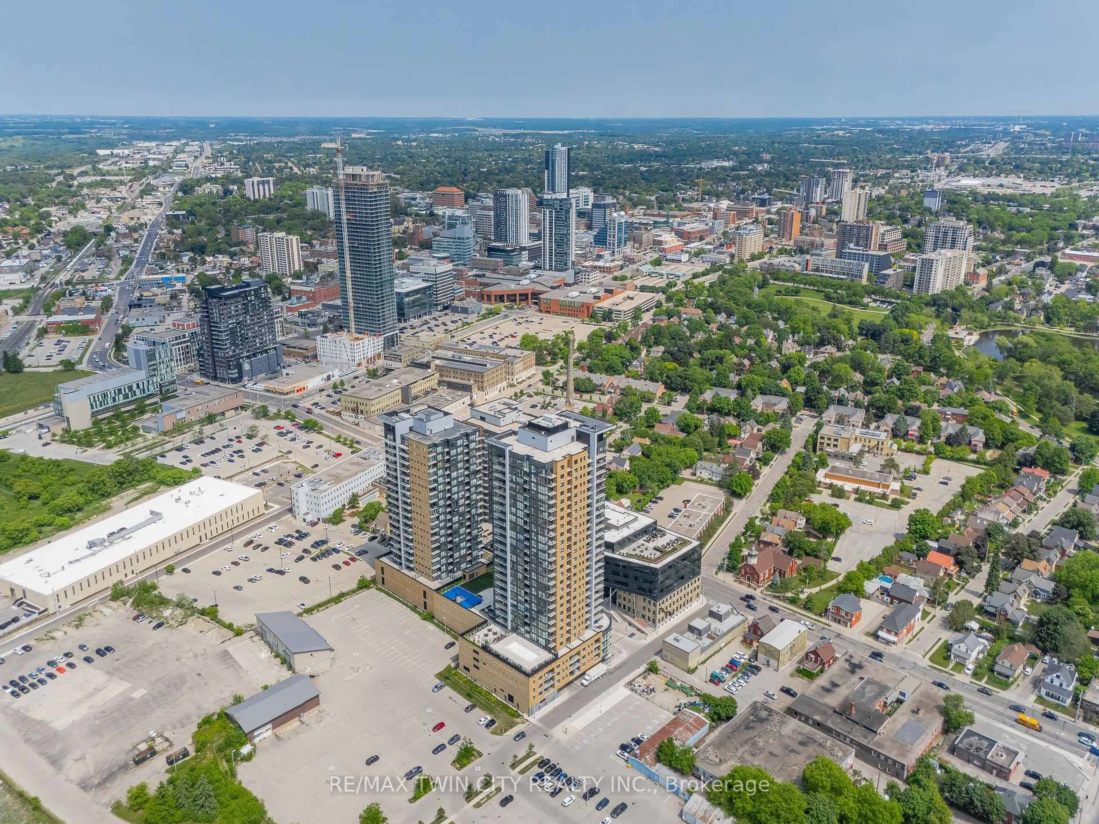 A pic from outside/outdoor area/front of a property/back of a property/a pic from drone, city buildings view from balcony for 108 Garment St #2305, Kitchener Ontario N2G 2B3