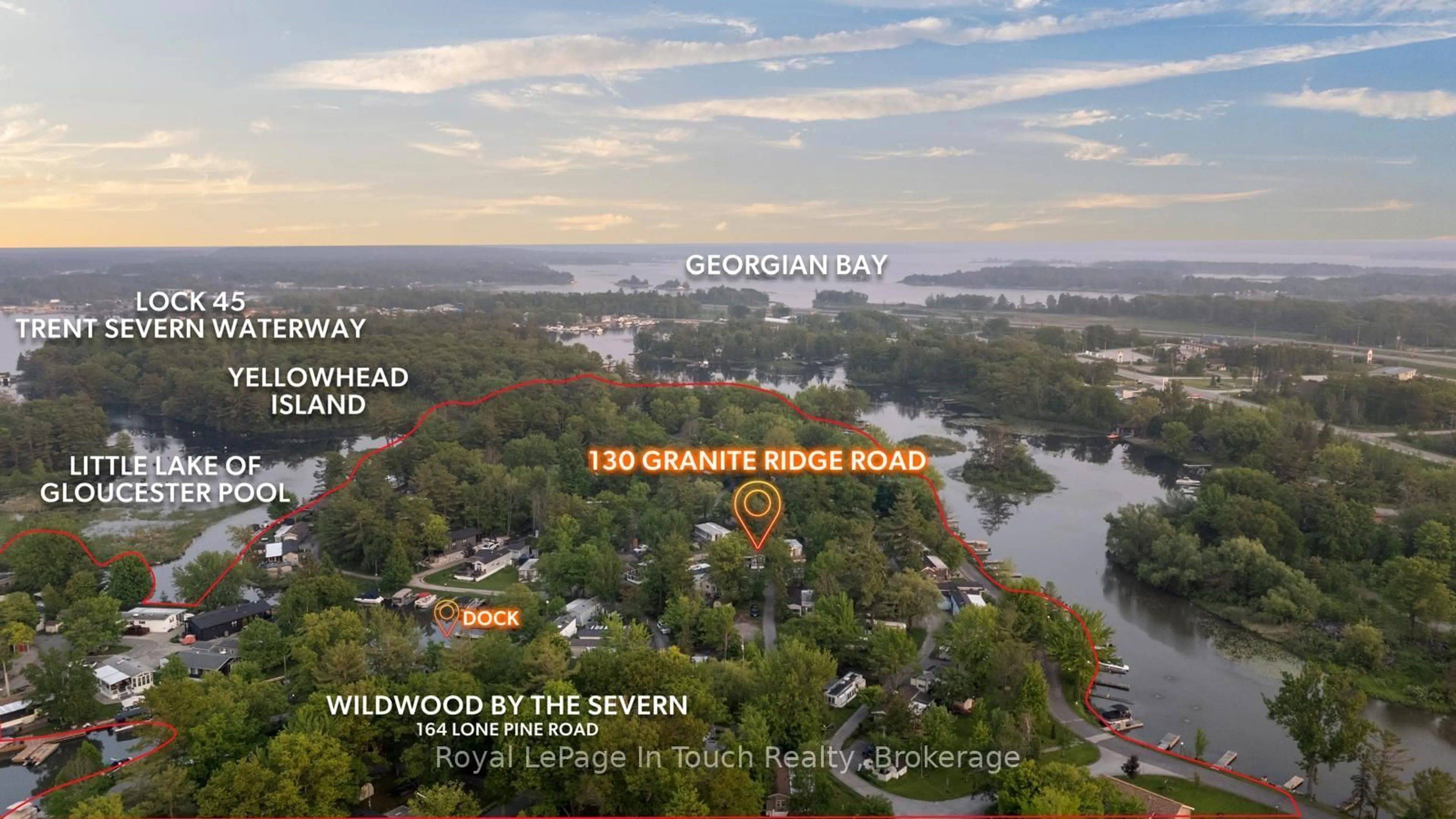 A pic from outside/outdoor area/front of a property/back of a property/a pic from drone, water/lake/river/ocean view for 164 Lone Pine Rd ##130, Georgian Bay Ontario L0K 1S0