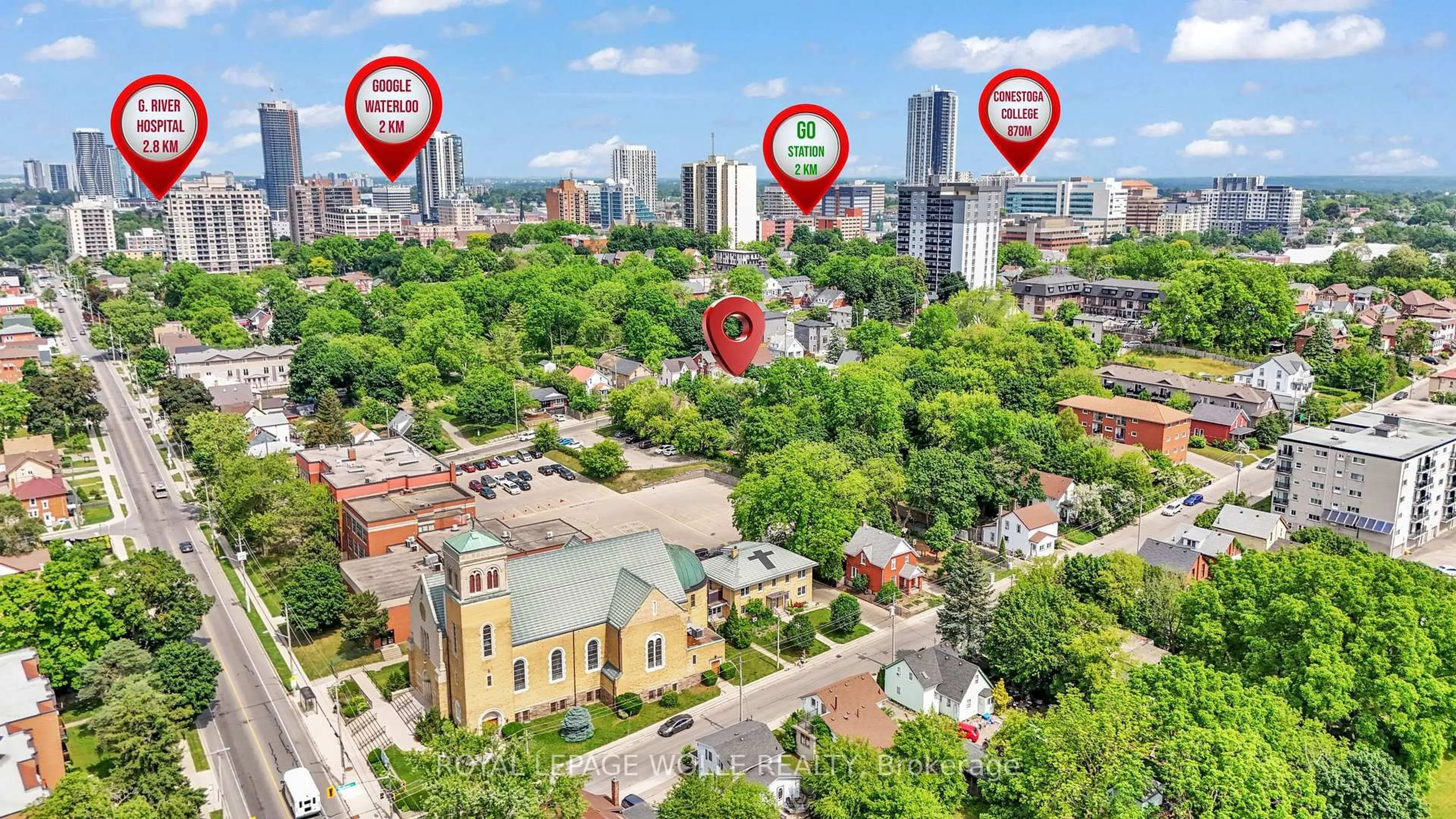 A pic from outside/outdoor area/front of a property/back of a property/a pic from drone, city buildings view from balcony for 119 Cedar St #7, Kitchener Ontario N2G 3L6