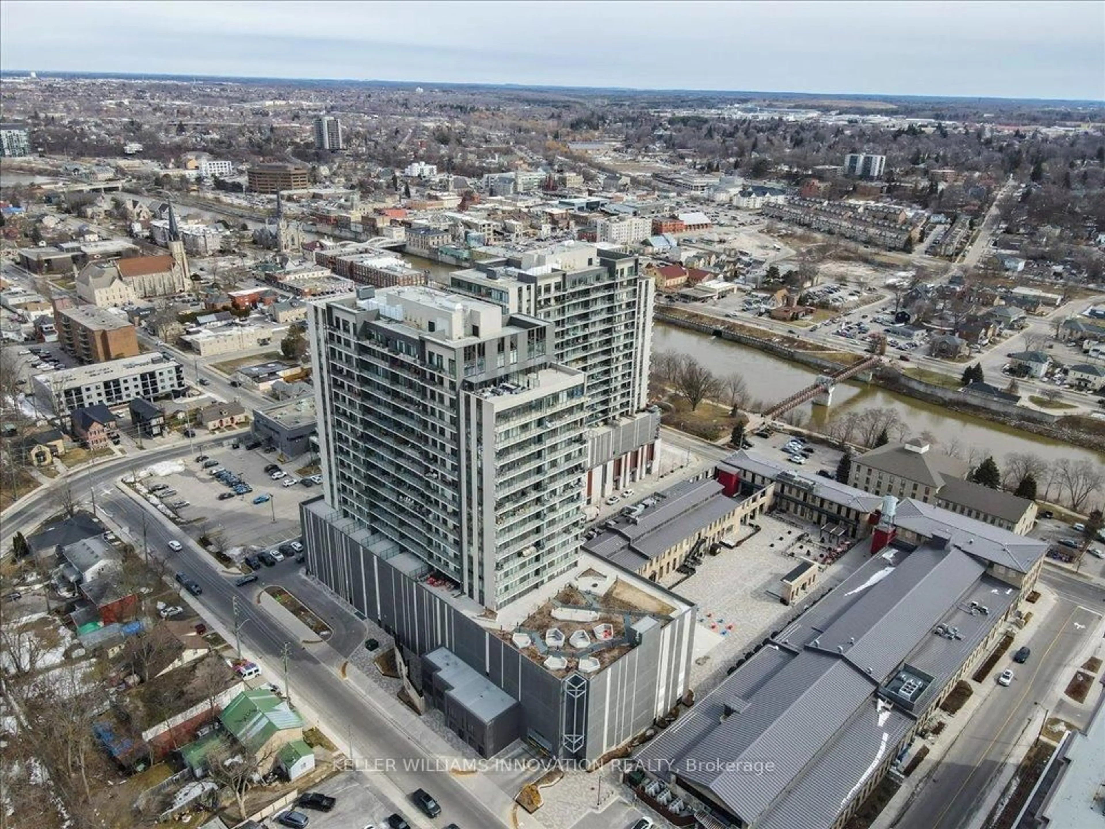 A pic from outside/outdoor area/front of a property/back of a property/a pic from drone, city buildings view from balcony for 50 Grand Ave #1201, Cambridge Ontario N1S 0C2