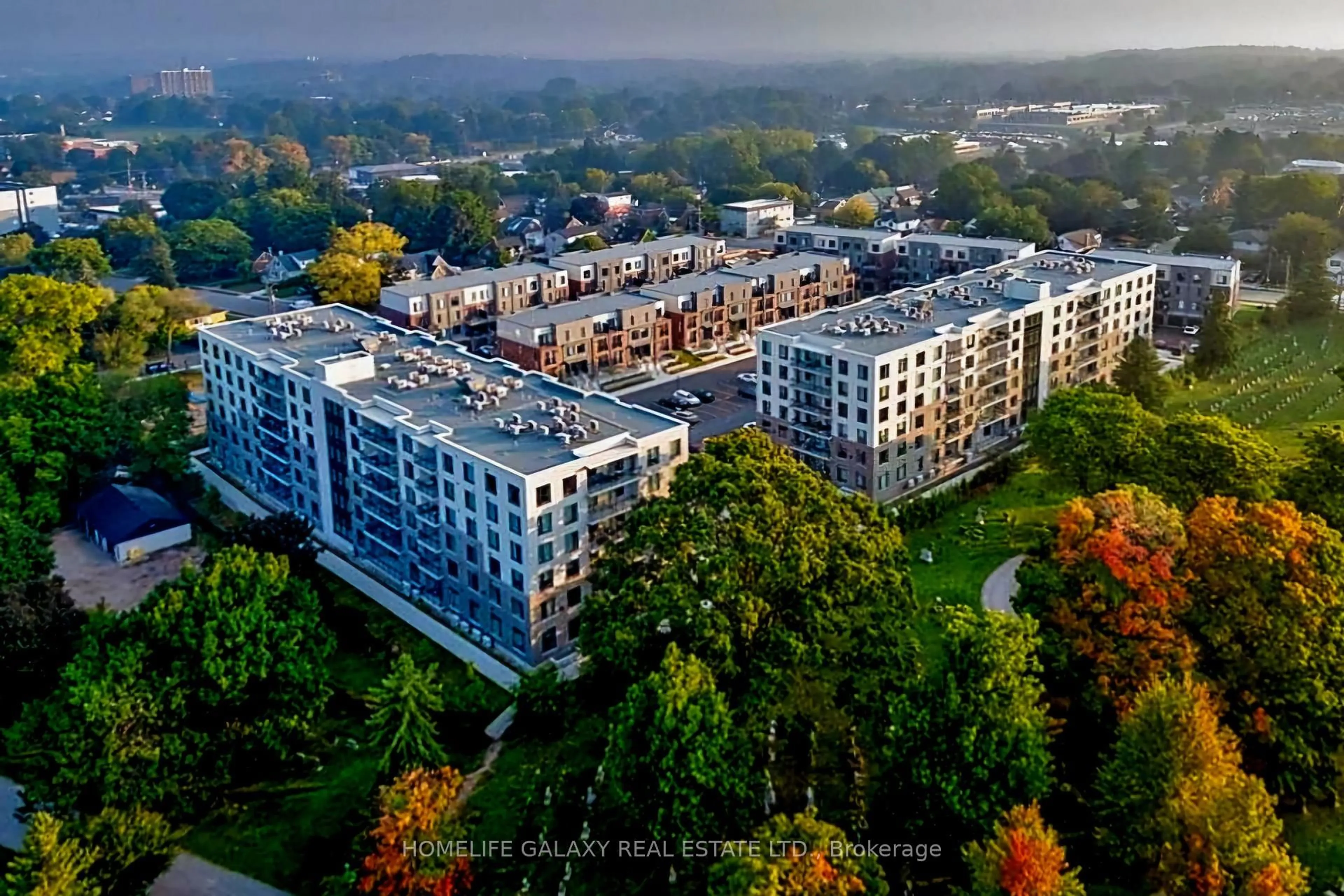A pic from outside/outdoor area/front of a property/back of a property/a pic from drone, city buildings view from balcony for 107 Roger St #505, Waterloo Ontario N2J 0G3