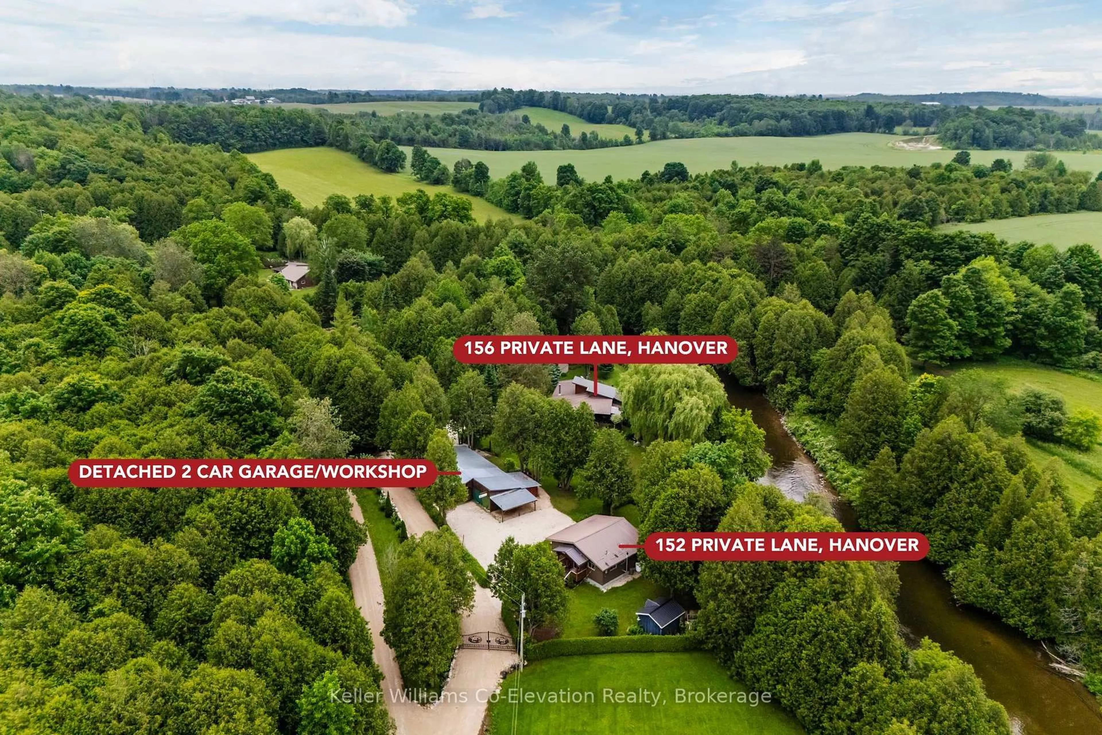 A pic from outside/outdoor area/front of a property/back of a property/a pic from drone, water/lake/river/ocean view for 156 Private Lane, West Grey Ontario N4N 3B9