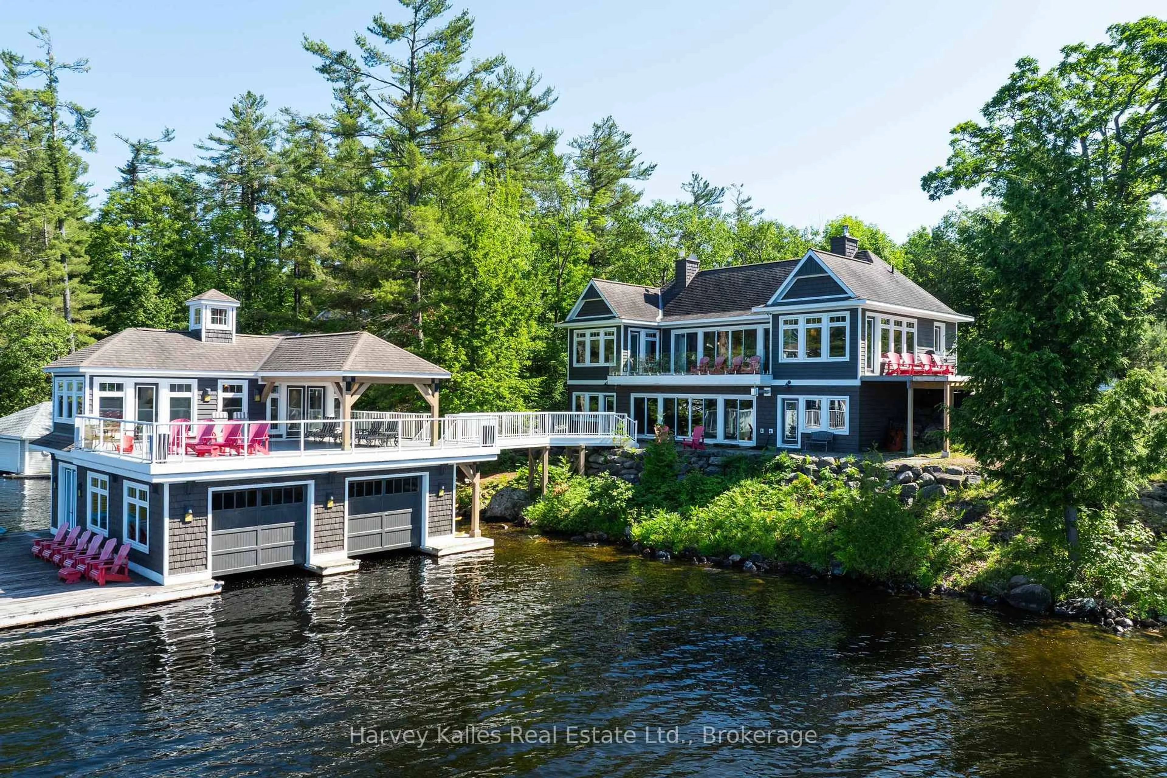 A pic from outside/outdoor area/front of a property/back of a property/a pic from drone, water/lake/river/ocean view for 2948 Muskoka Rd 169, Muskoka Lakes Ontario P0C 1A0