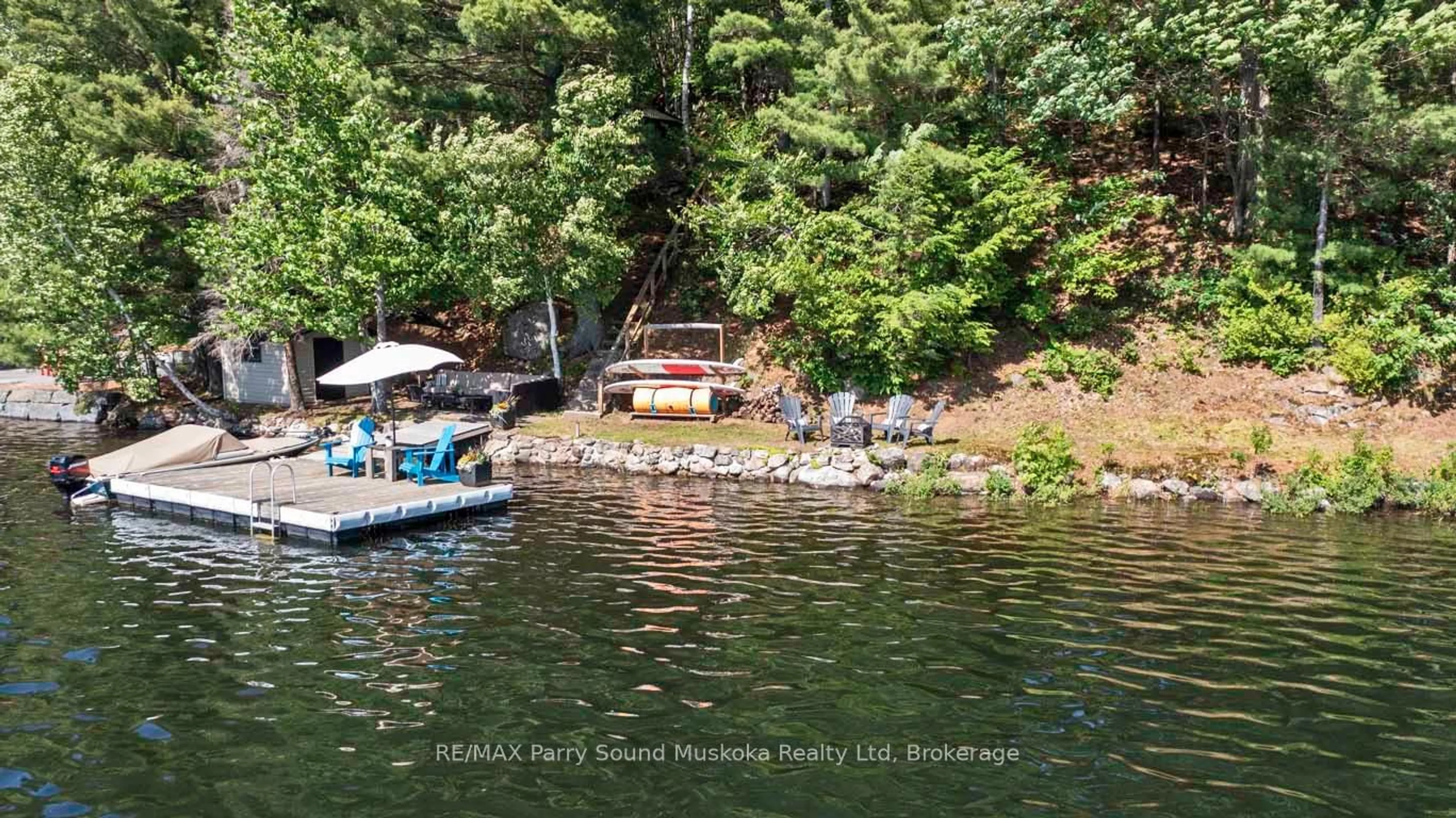 A pic from outside/outdoor area/front of a property/back of a property/a pic from drone, water/lake/river/ocean view for 16 Birch Cres, Seguin Ontario P2A 0B2