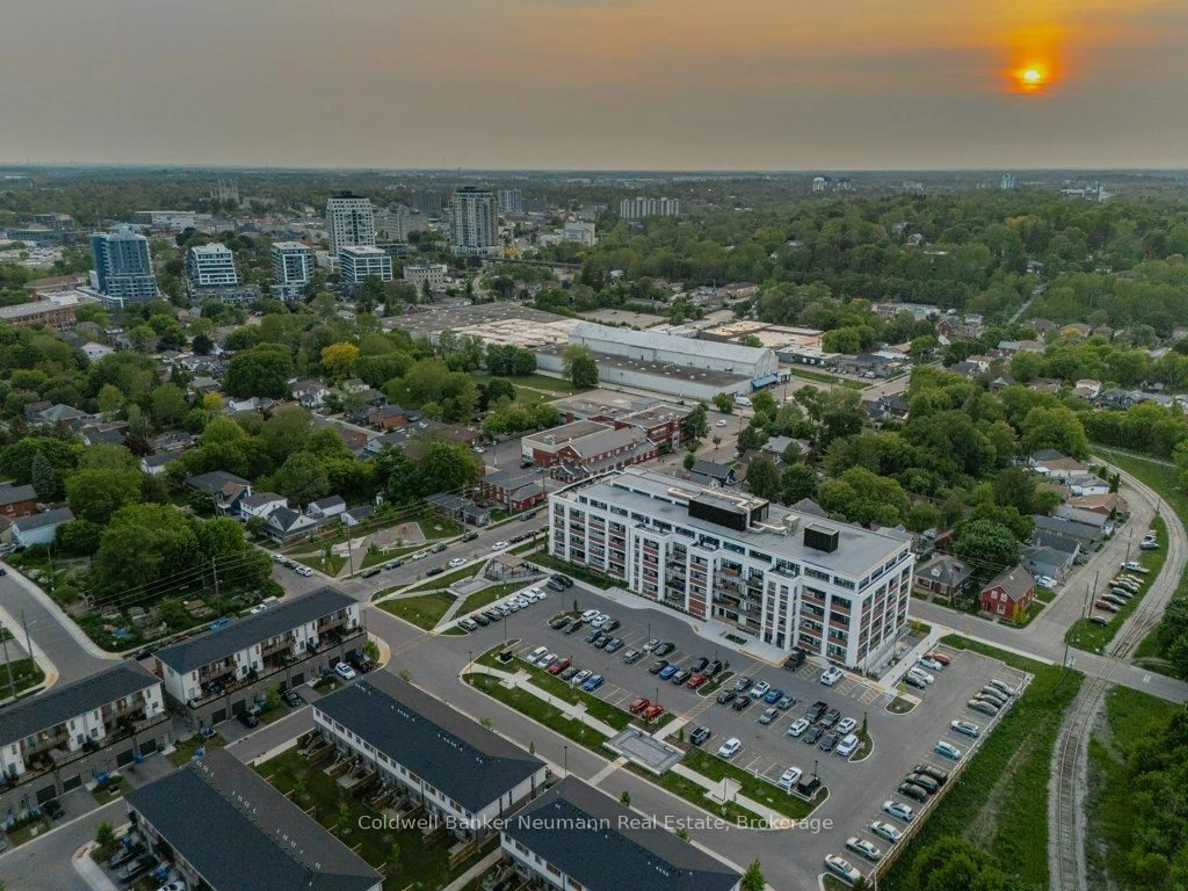 A pic from outside/outdoor area/front of a property/back of a property/a pic from drone, city buildings view from balcony for 120 Huron St #504, Guelph Ontario N1E 0T8