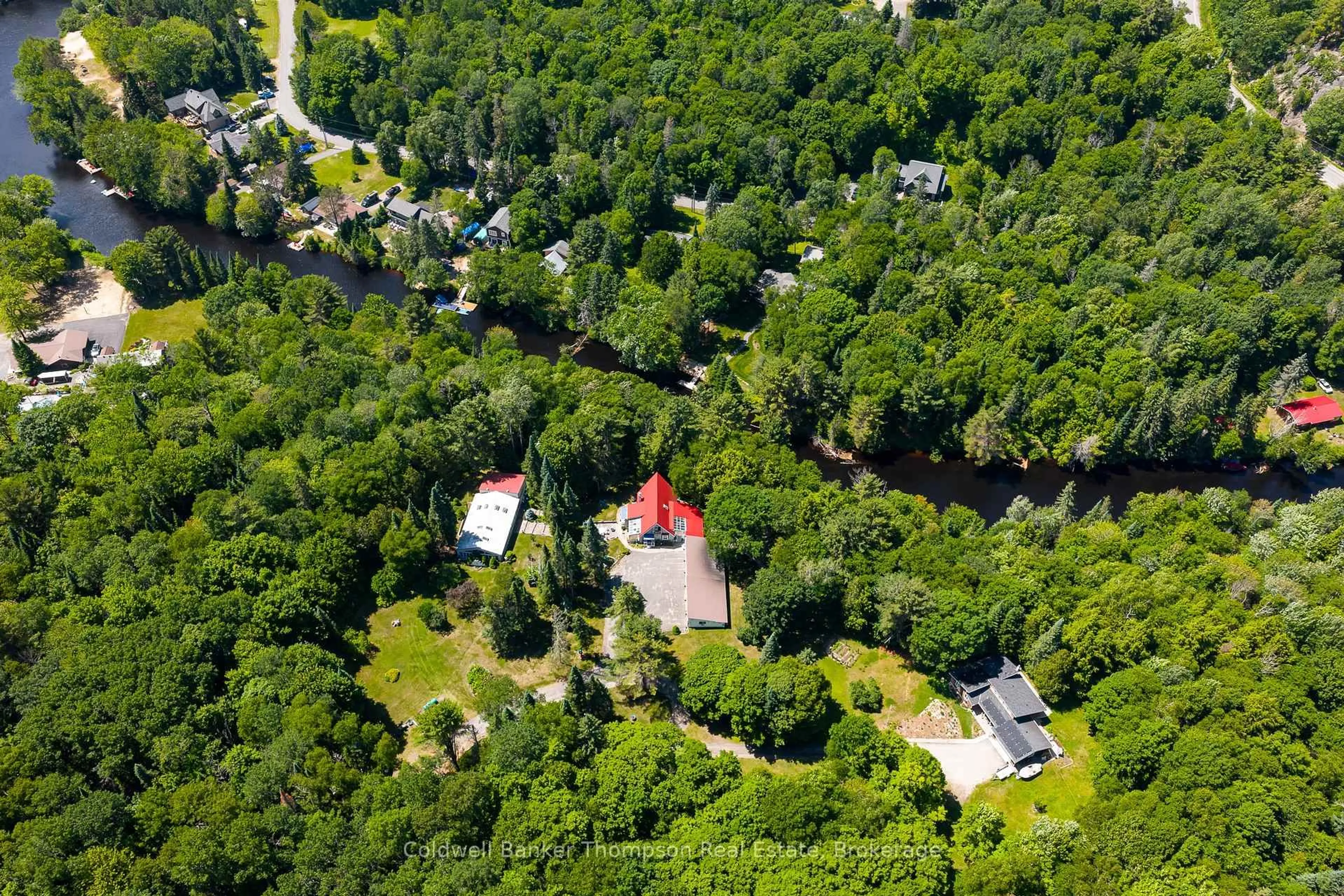 A pic from outside/outdoor area/front of a property/back of a property/a pic from drone, forest/trees view for 124 Hutcheson Beach Rd, Huntsville Ontario P1H 1N4