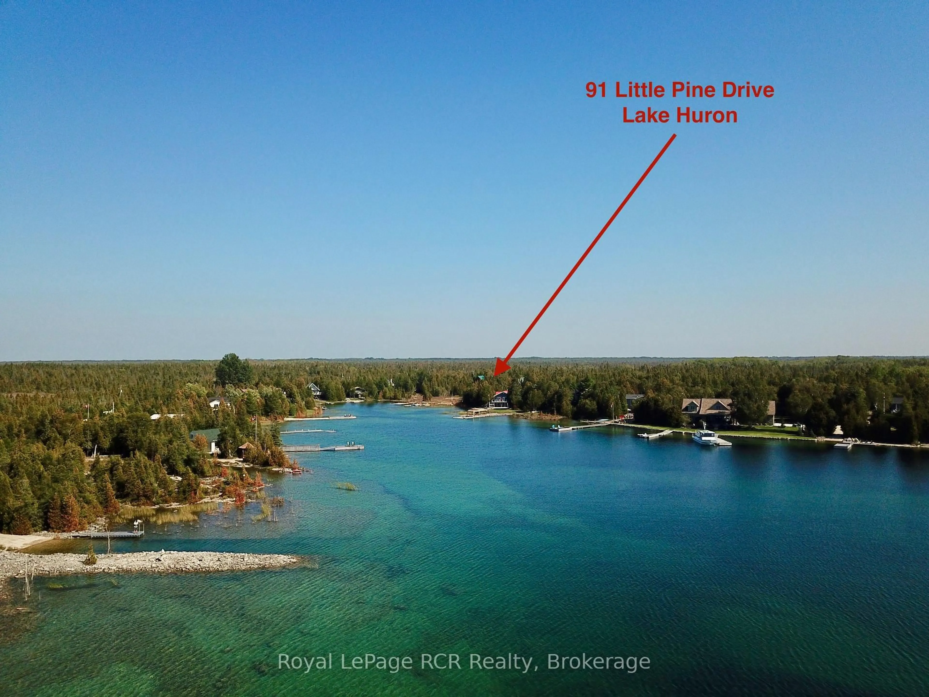 A pic from outside/outdoor area/front of a property/back of a property/a pic from drone, water/lake/river/ocean view for 91 Little Pine Dr, Northern Bruce Peninsula Ontario N0H 1W0