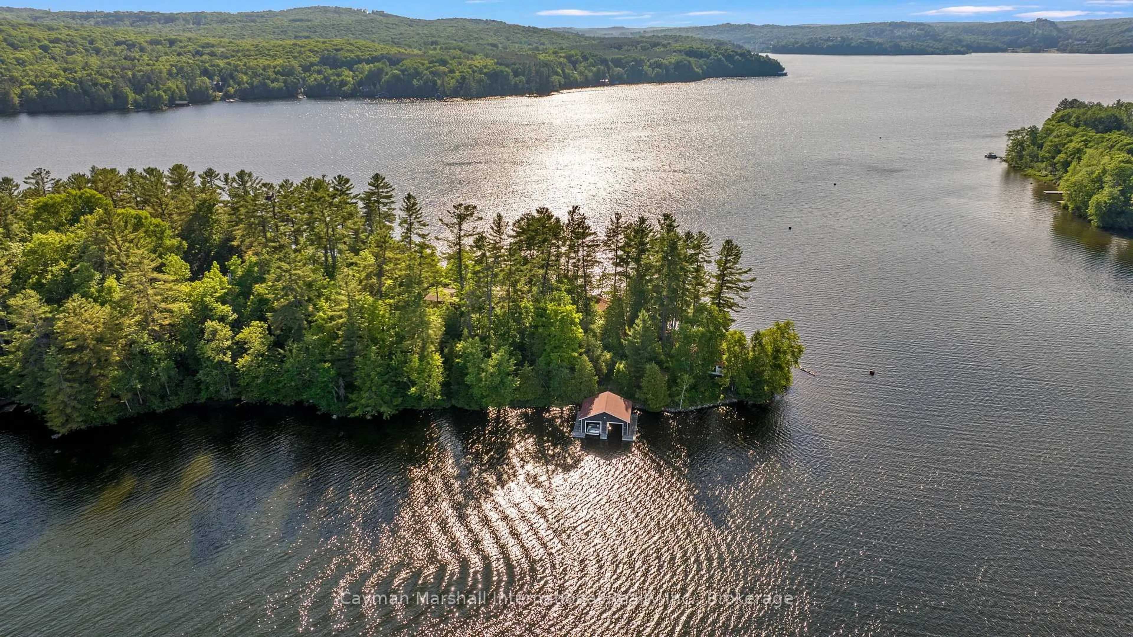 A pic from outside/outdoor area/front of a property/back of a property/a pic from drone, water/lake/river/ocean view for 6 Hills Island, Lake of Bays Ontario P1H 2J6