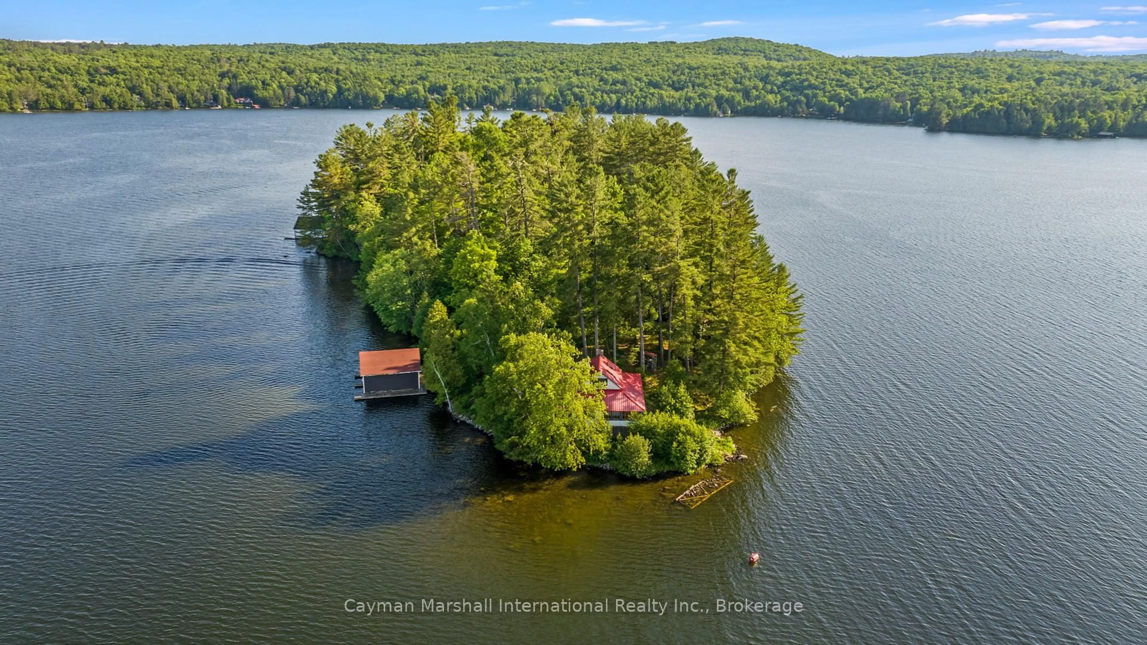 A pic from outside/outdoor area/front of a property/back of a property/a pic from drone, water/lake/river/ocean view for 6 Hills Island, Lake of Bays Ontario P1H 2J6