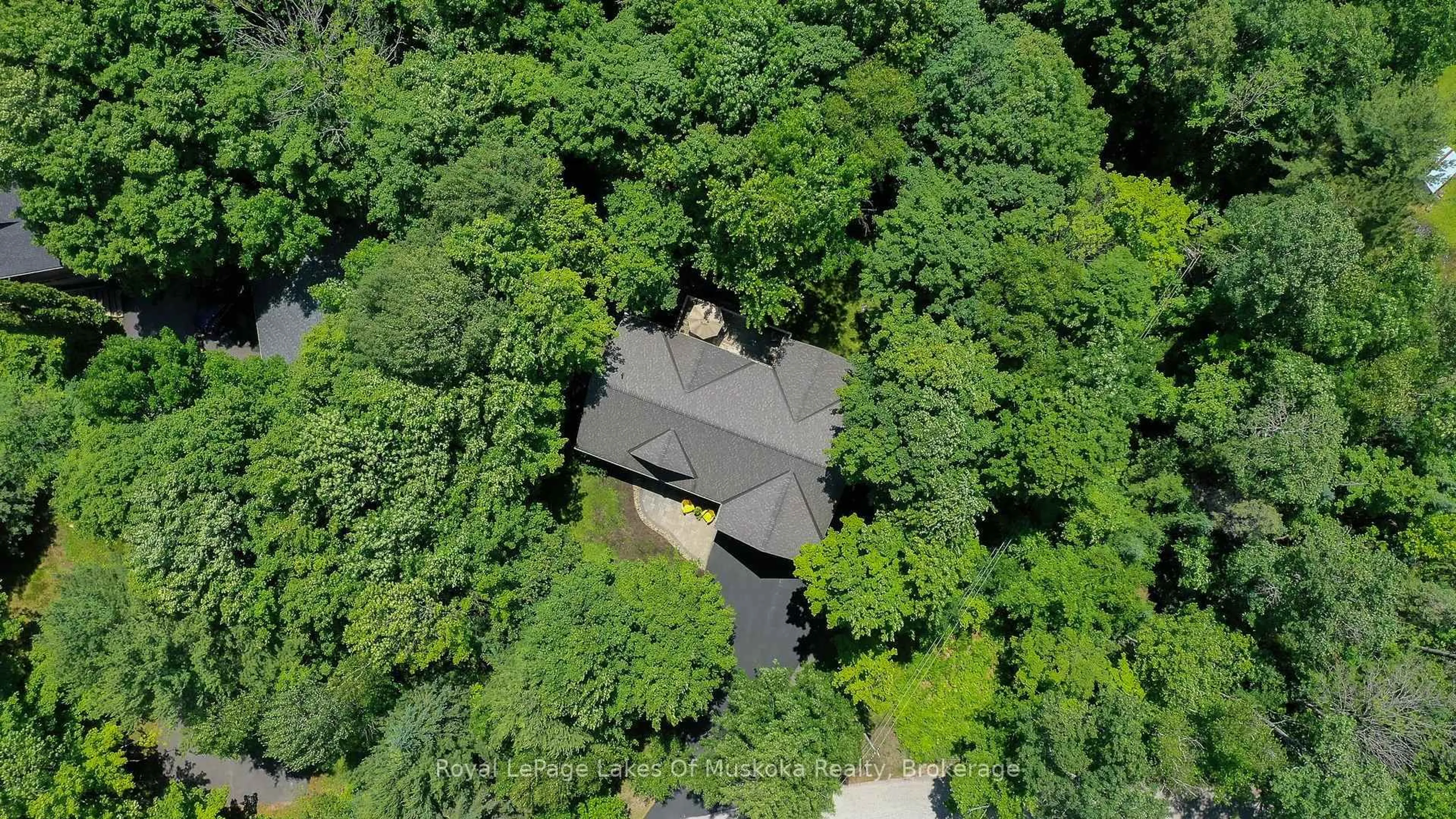 A pic from outside/outdoor area/front of a property/back of a property/a pic from drone, forest/trees view for 1601 Skyline Dr, Huntsville Ontario P1H 1A5
