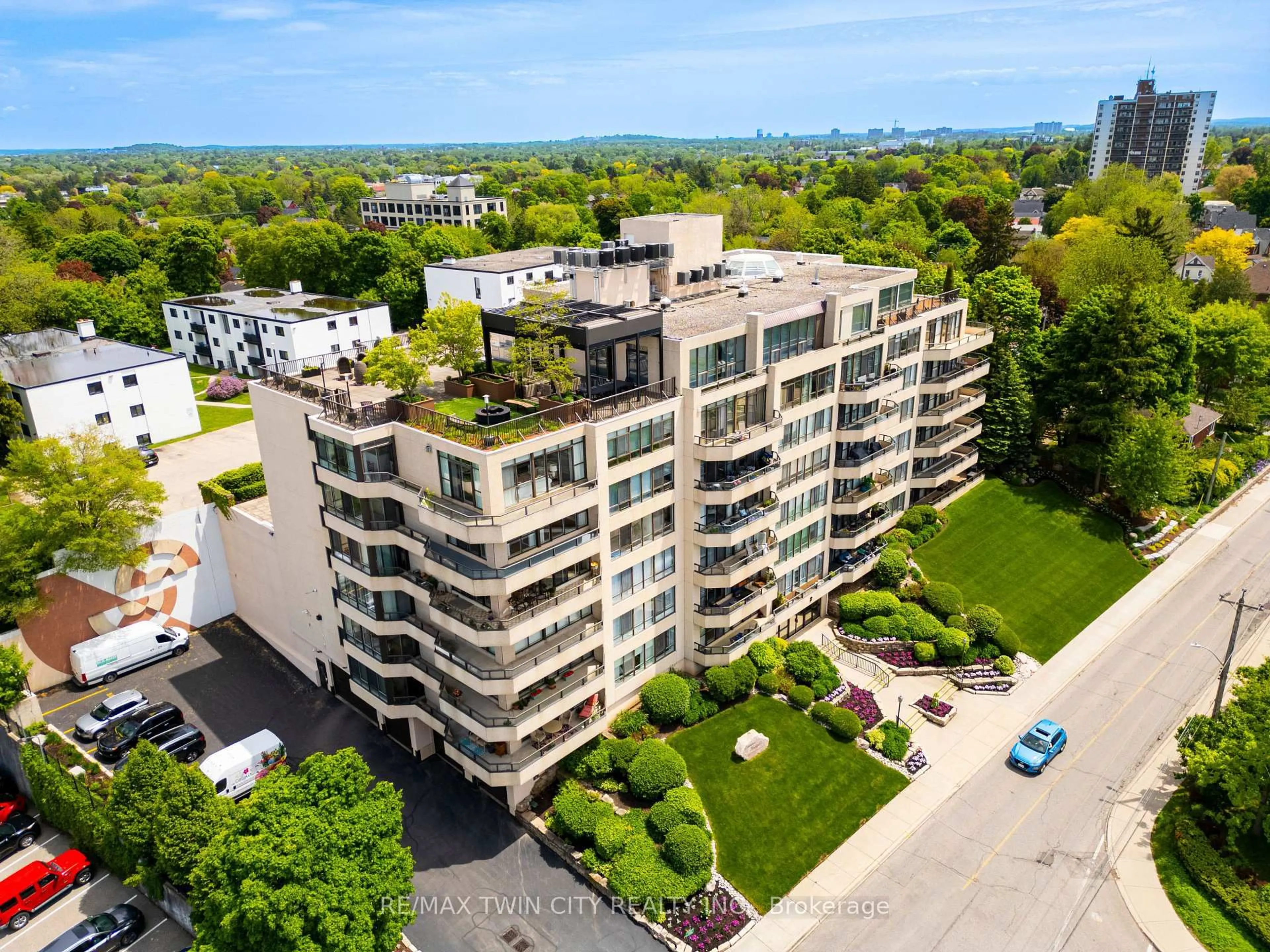 A pic from outside/outdoor area/front of a property/back of a property/a pic from drone, city buildings view from balcony for 2 Lancaster St #504, Kitchener Ontario N2H 6S3