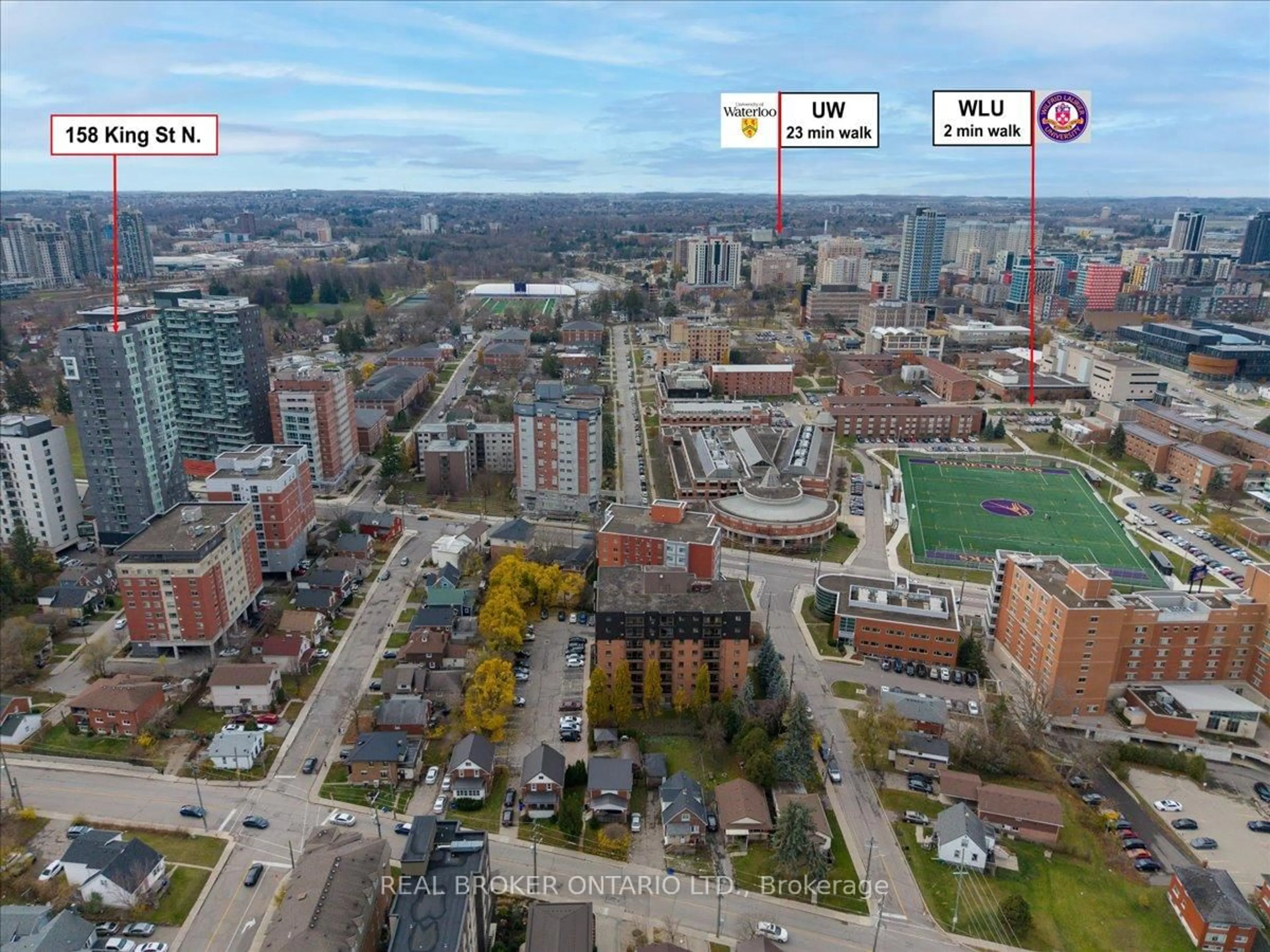 A pic from outside/outdoor area/front of a property/back of a property/a pic from drone, city buildings view from balcony for 158 King St #1105, Waterloo Ontario N2J 2Y2