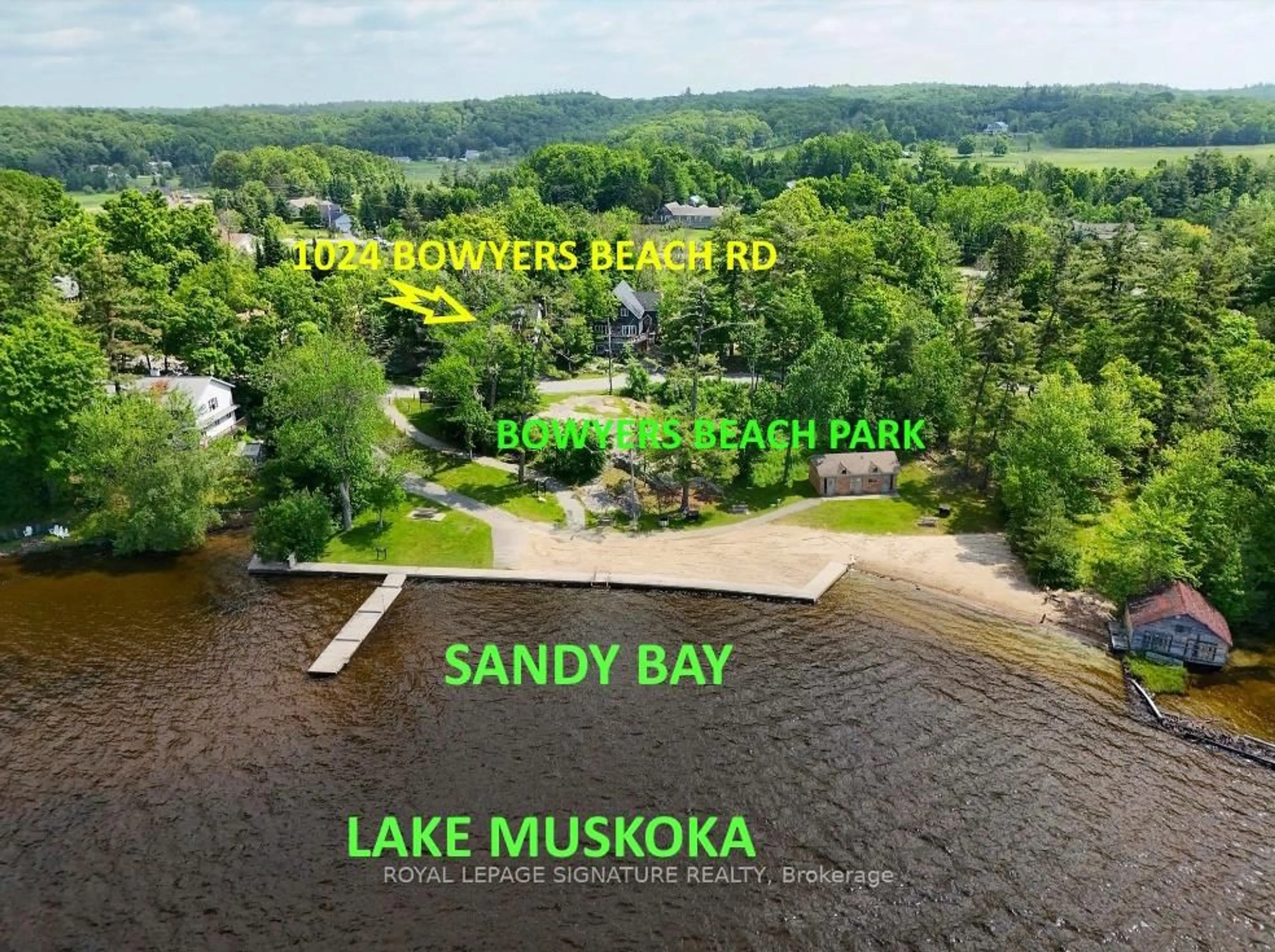 A pic from outside/outdoor area/front of a property/back of a property/a pic from drone, water/lake/river/ocean view for 1024 Bowyers Beach Rd, Bracebridge Ontario P1L 1W8