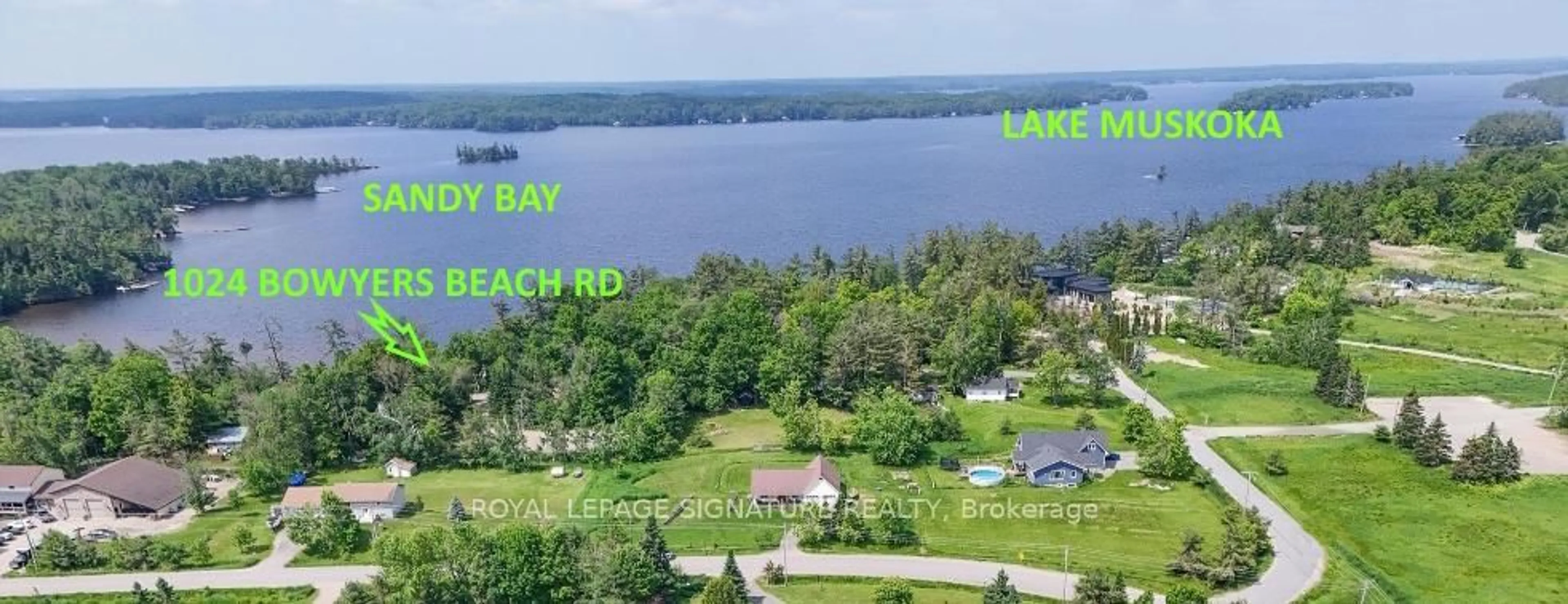 A pic from outside/outdoor area/front of a property/back of a property/a pic from drone, water/lake/river/ocean view for 1024 Bowyers Beach Rd, Bracebridge Ontario P1L 1W8