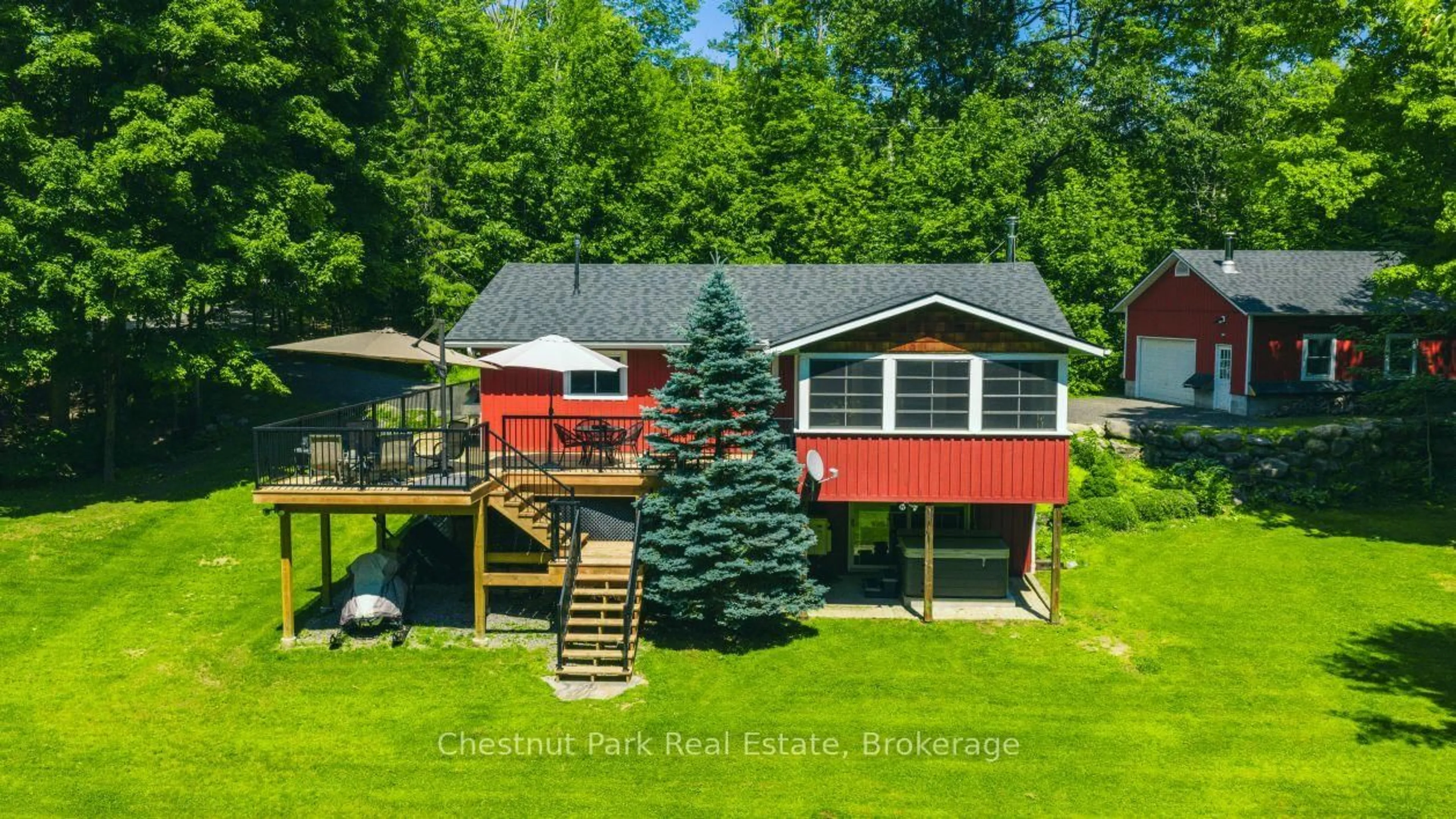 A pic from outside/outdoor area/front of a property/back of a property/a pic from drone, water/lake/river/ocean view for 1126 Eveleigh Rd, Muskoka Lakes Ontario P0B 1J0